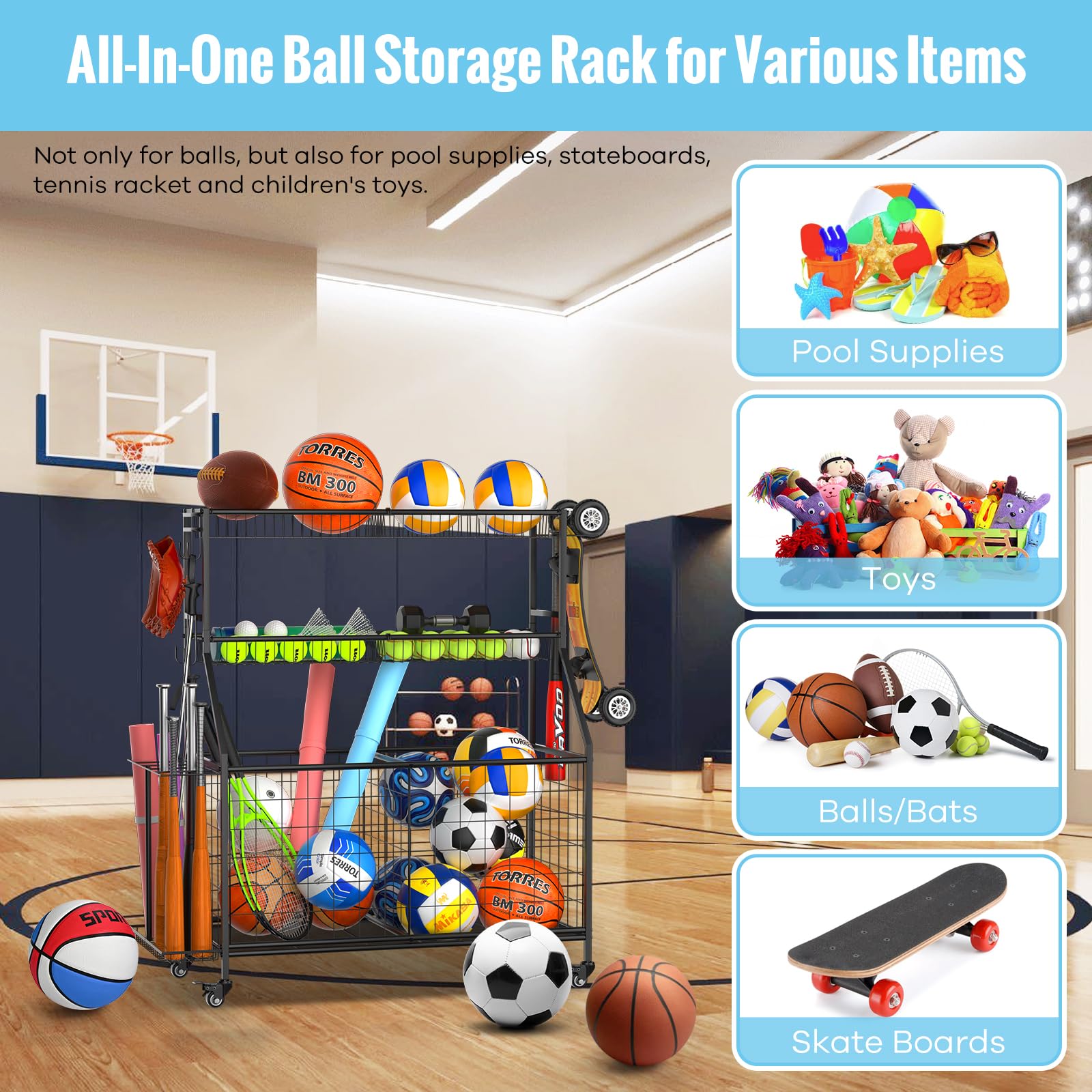 WUC Sports Equipment Organizer - Heavy Duty Garage Ball Storage Rack with Basket, Hooks & Rolling Wheels for Basketball, Soccer, Baseball Gear - Perfect for Home, Gym & Playroom Organization (Black)