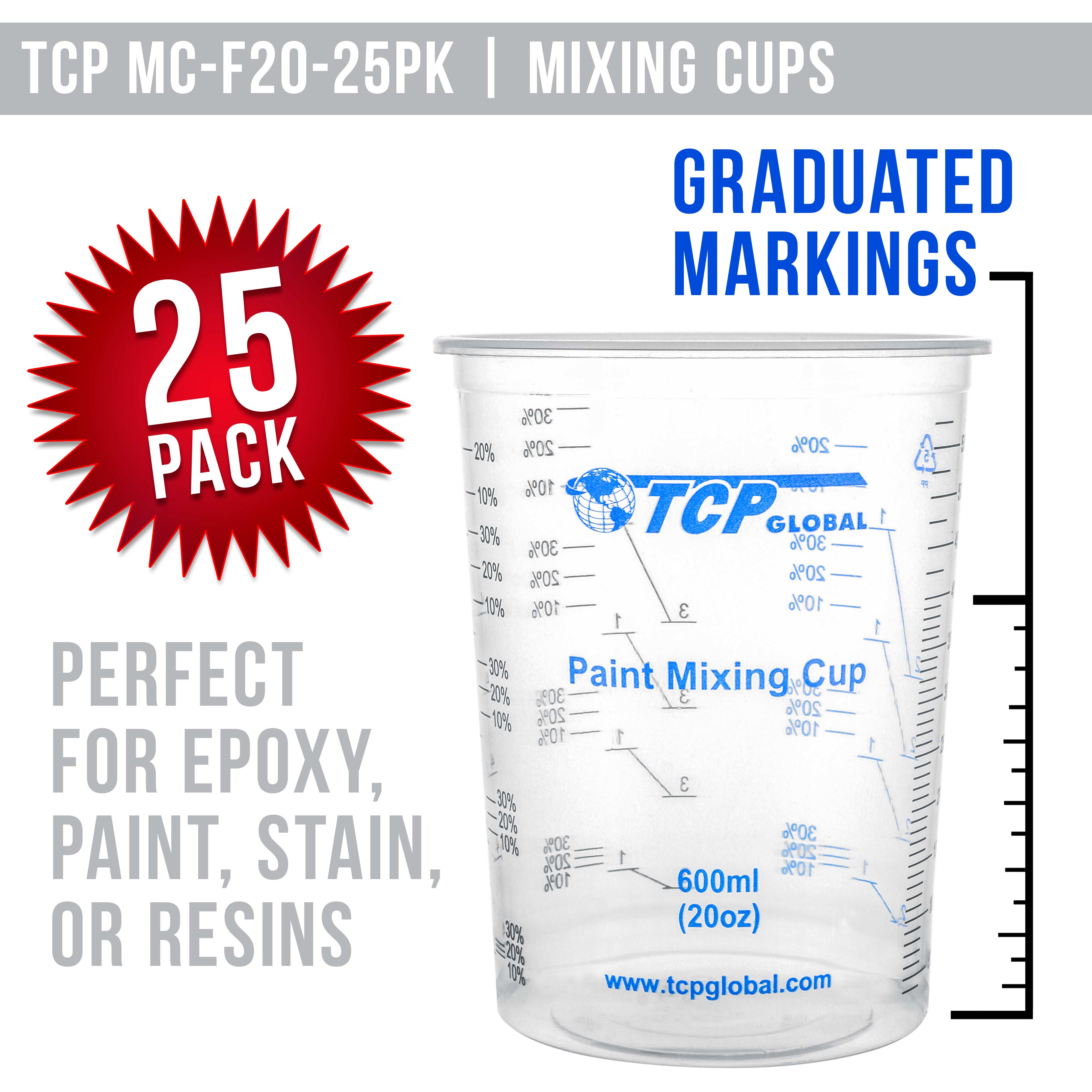 TCP Global 25-Pack 20oz (600ml) Disposable Plastic Mixing Cups with Graduated Measurements & Mixing Sticks - Ideal for Paint, Resin, Epoxy, and DIY Crafts - Perfect for Artists, Hobbyists, and Home Improvement Projects