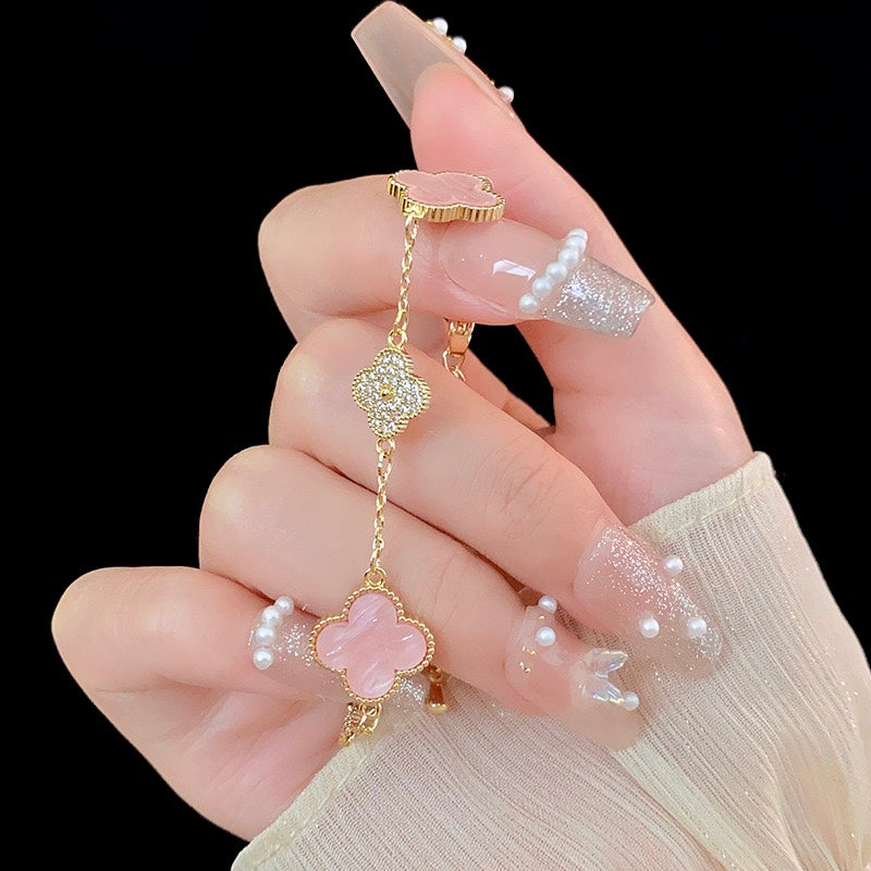 14K Gold Lucky Pink Clover Charm Bracelet for Women - Elegant Four Leaf Clover Jewelry Gift for Birthday, Anniversary & Good Luck | Perfect for St. Patrick's Day, Everyday Wear & Special Occasions