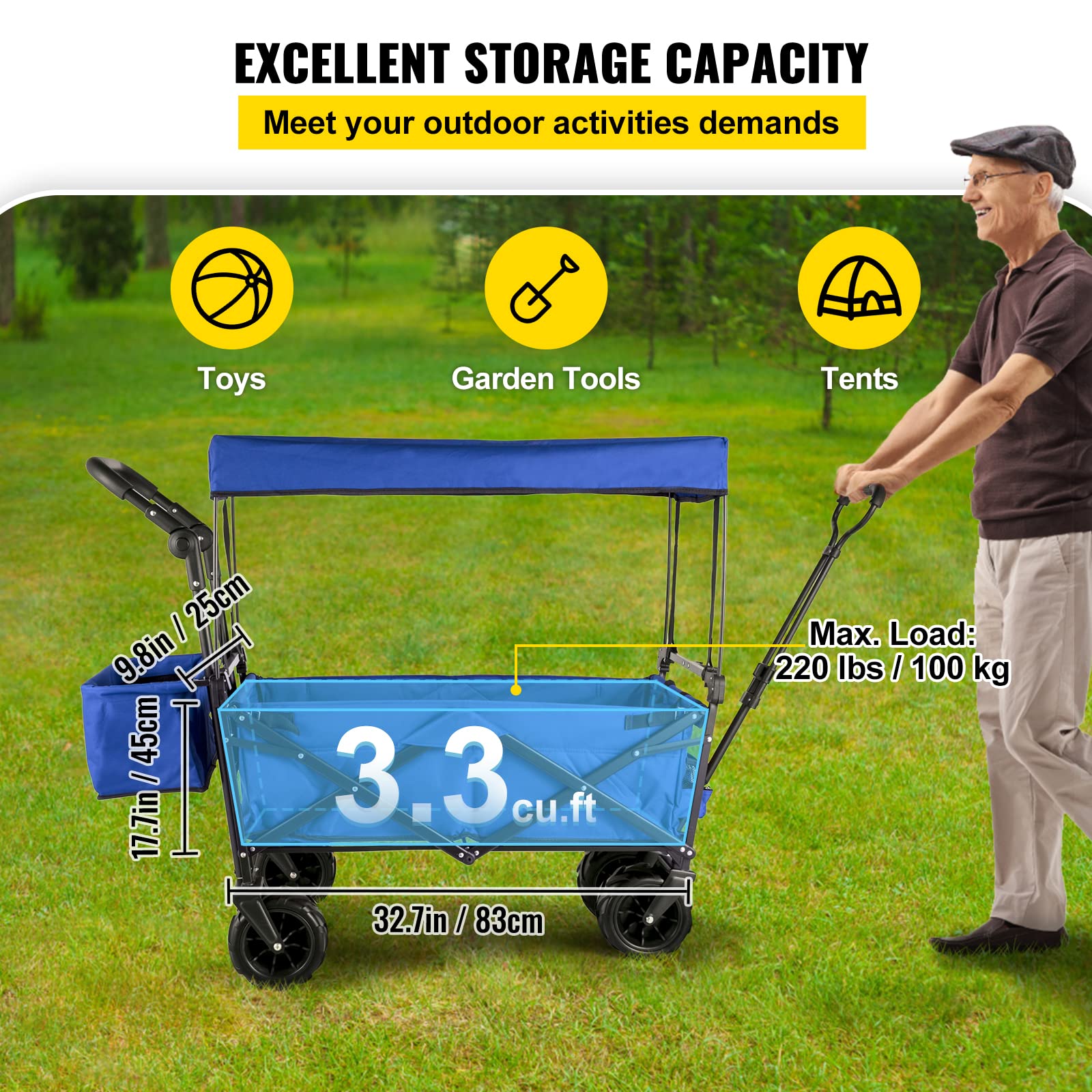 Happbuy Collapsible Wagon with Removable Canopy - Heavy Duty 220lbs Capacity Foldable Beach Wagon Cart with Large Wheels - Adjustable Push Pull Handles for Outdoor, Camping, Picnic, Grocery Shopping (Blue)