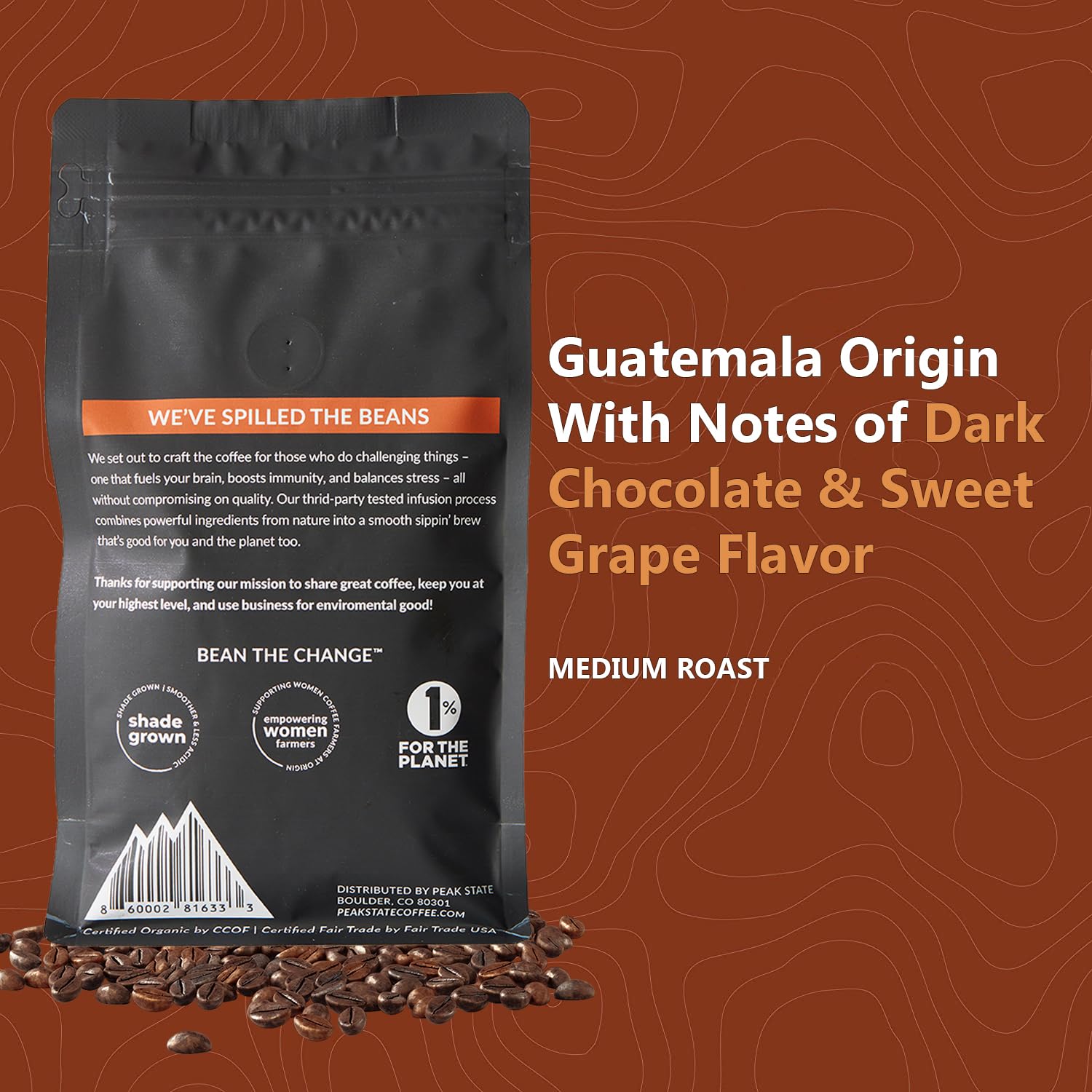 Peak State Organic Mushroom Coffee - Immune Boosting Medium Roast Whole Bean Coffee - Low Acid, Vegan, Paleo, Dairy & Gluten-Free (2 x 12 oz Bags) - Perfect for Morning Energy & Wellness Routine