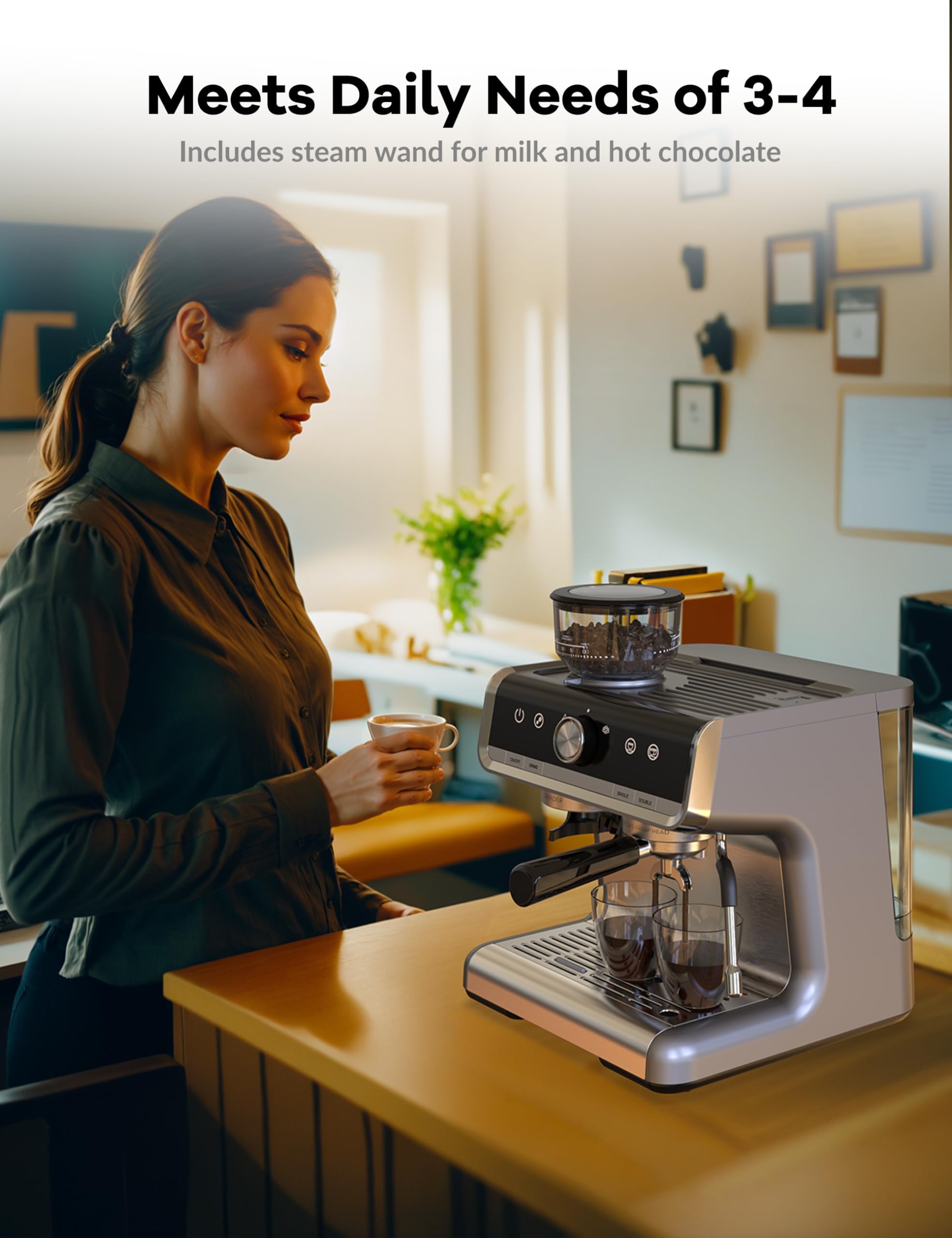 Premium Espresso Machine with Built-in Grinder & Steam Wand - 2.8L Water Tank for Cappuccino, Latte, Macchiato - Silver | Perfect for Home Baristas & Coffee Shops
