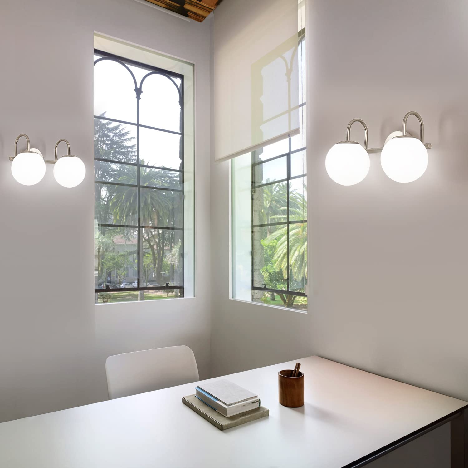 Modern Brushed Nickel Bathroom Vanity Light Fixtures - 2 Lights with Milk White Globe Glass Shade, Wall Sconce for Mirror Lighting (G9 Bulb Not Included) - Perfect for Contemporary Bathrooms, Powder Rooms & Vanity Areas