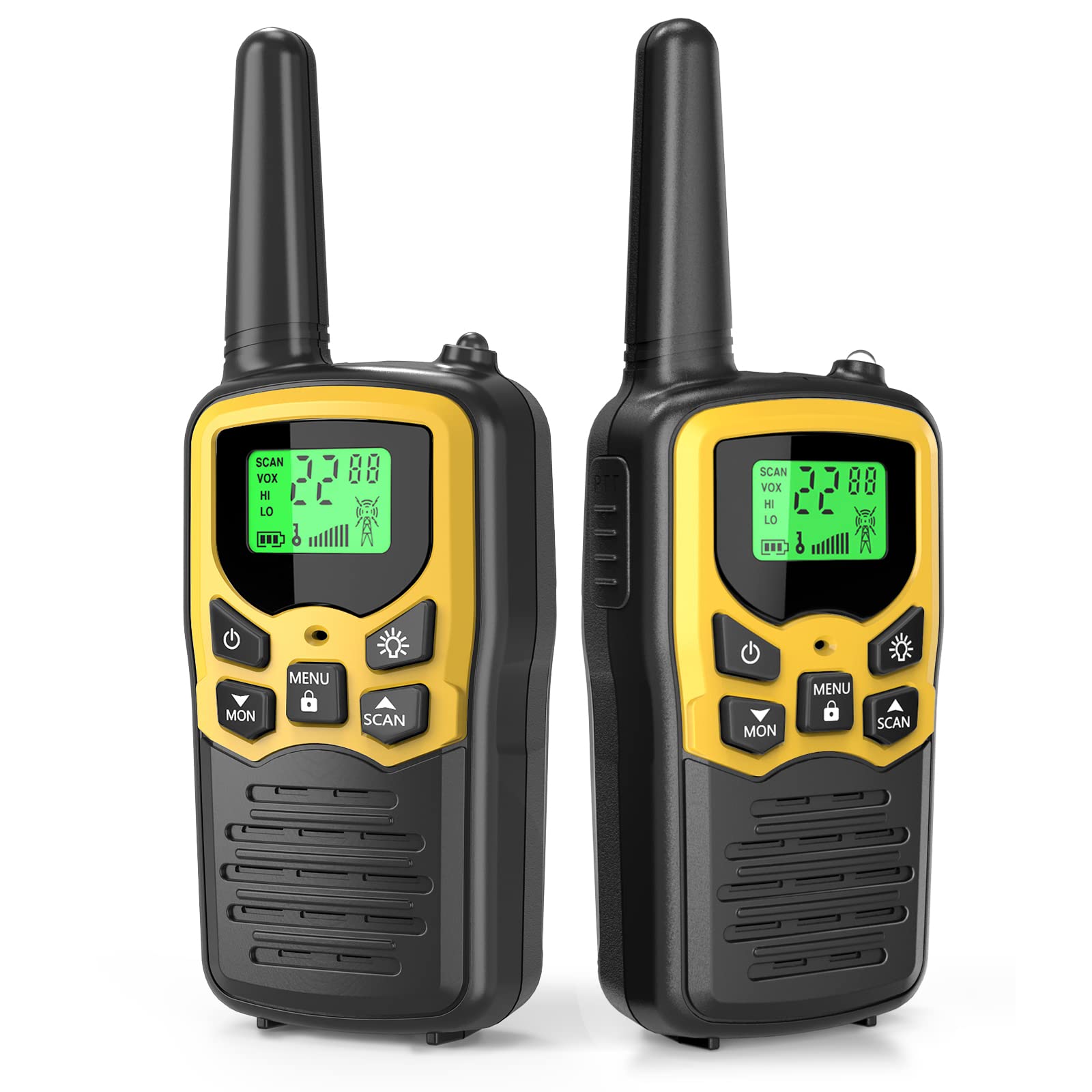 MOICO Long Range Walkie Talkies for Adults - 2 Pack Two-Way Radios with 22 FRS Channels, VOX, Scan & LCD Display, LED Flashlight - Ideal for Hiking, Camping, Biking & Outdoor Adventures (Yellow)