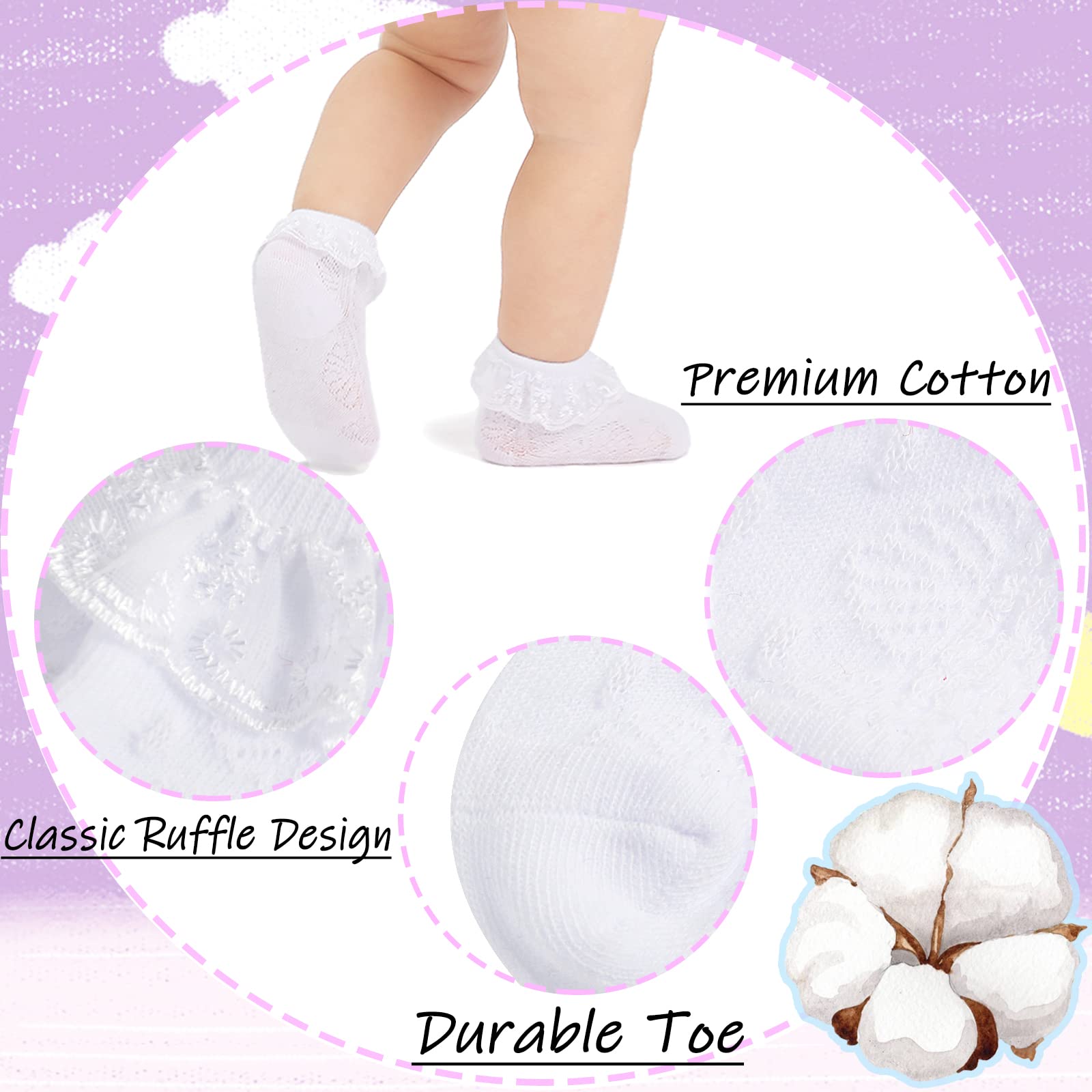 Baby Girl Lace Socks with Eyelet Ruffles - 2/3/5/6 Pairs Pack - Princess Dress Socks for Newborns, Infants & Toddlers - Perfect for Special Occasions, Photoshoots & Everyday Wear