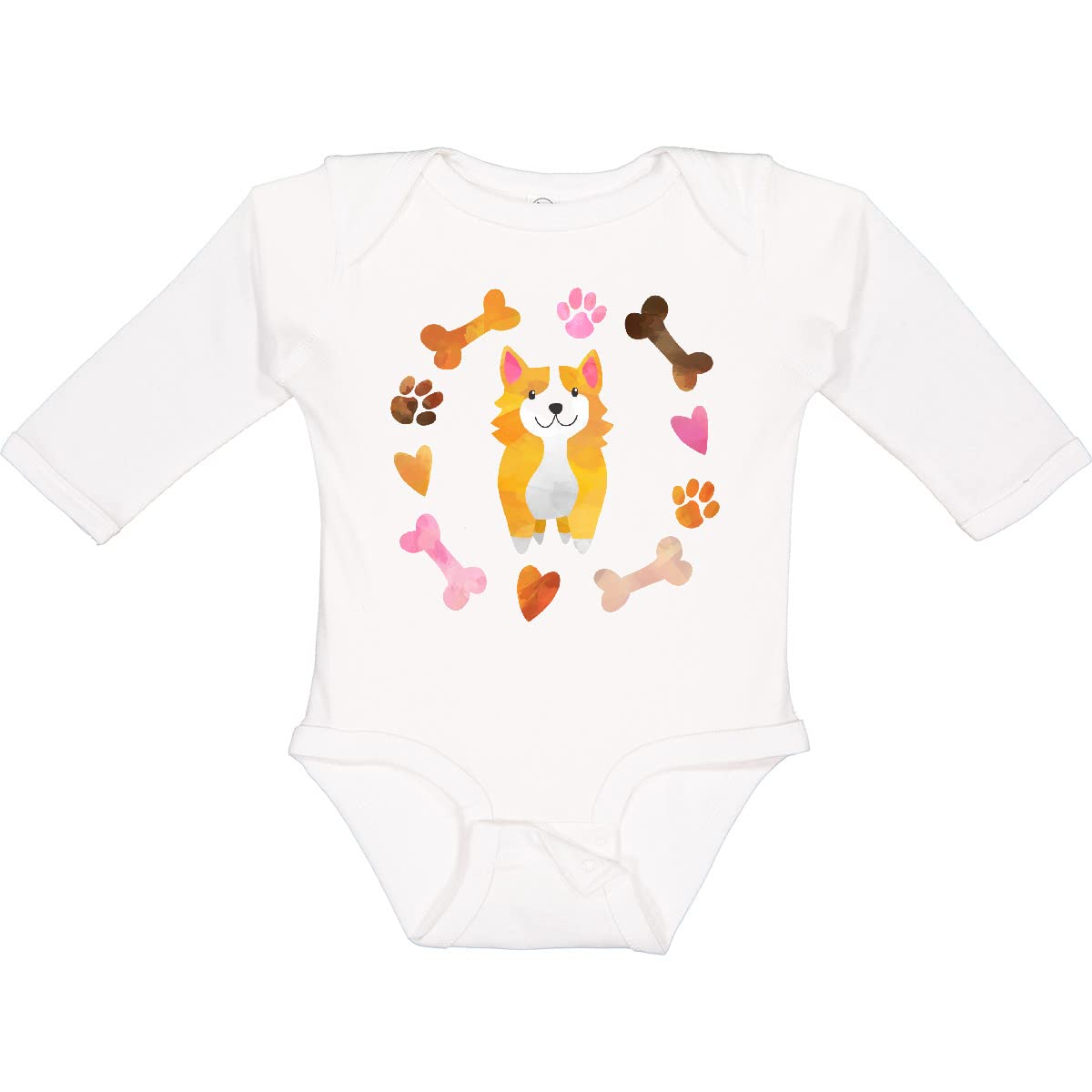 Inktastic Cute Corgi Puppy Valentine Long Sleeve Bodysuit - Hearts & Bones Print - Baby Romper for Valentine's Day, Photo Shoots & Casual Outings