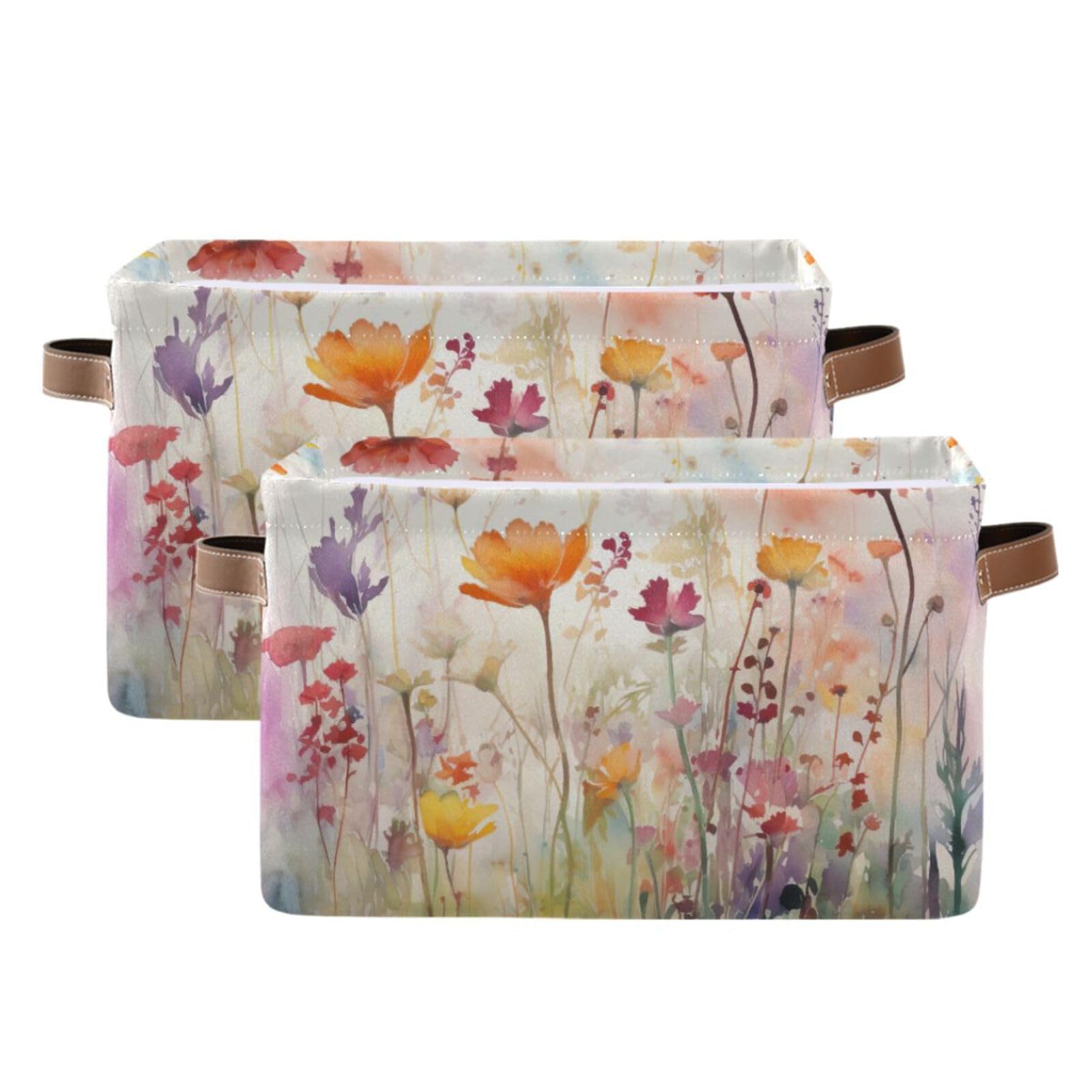 Foldable Canvas Storage Baskets with Handles - 2 Pack Rectangle Fabric Organizer Box for Clothes, Home & Office Organization | Decorative Watercolor Flower Design for Closet, Shelves & Bedroom Storage