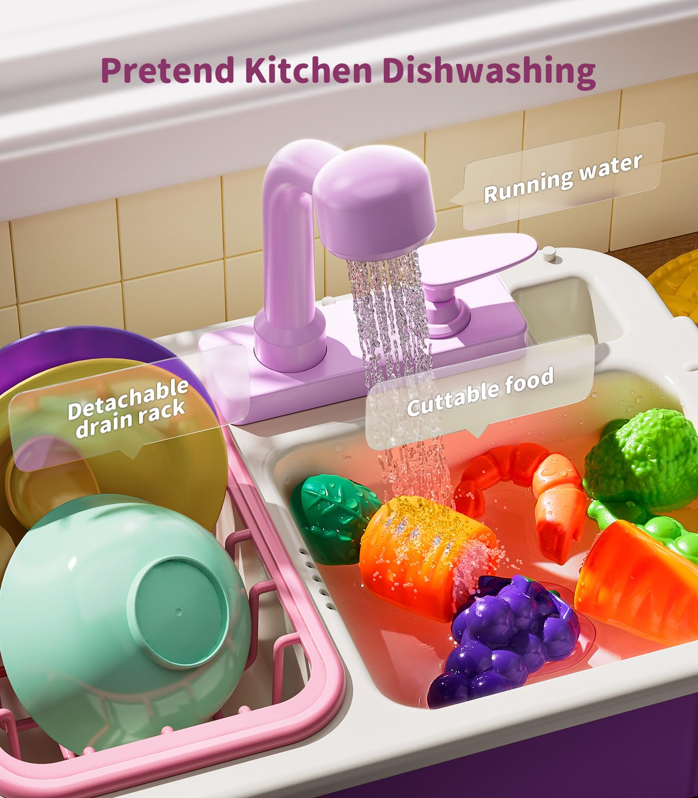 Geyiie Kids Kitchen Sink Toy with Running Water - Realistic Play Sink Set with Faucet, Dish Rack & Cutting Food - Educational Pretend Play Toy for Toddlers Ages 3-7 - Perfect Gift for Bath Time & Role Play Fun