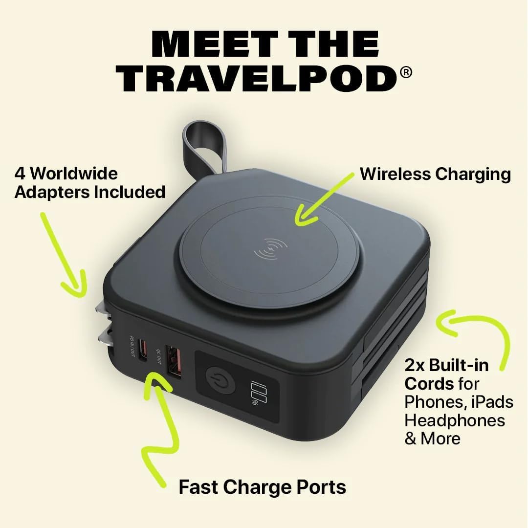 Travelpod 5-in-1 Portable Travel Charger Power Bank - 10,000mAh with Global Adapters | Wireless Charging, Built-in Lightning & USB-C Cables | Foldable AC Plug - Perfect for International Travel, Business Trips & On-the-Go Charging