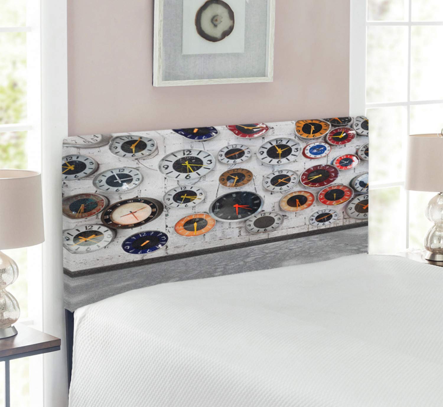 Ambesonne Modern Metal Headboard with Memory Foam - Twin Size Upholstered Bed Frame with Vivid Circular Clock Design on Grunge Brick Pattern | Perfect for Contemporary Bedrooms, Dorms & Guest Rooms
