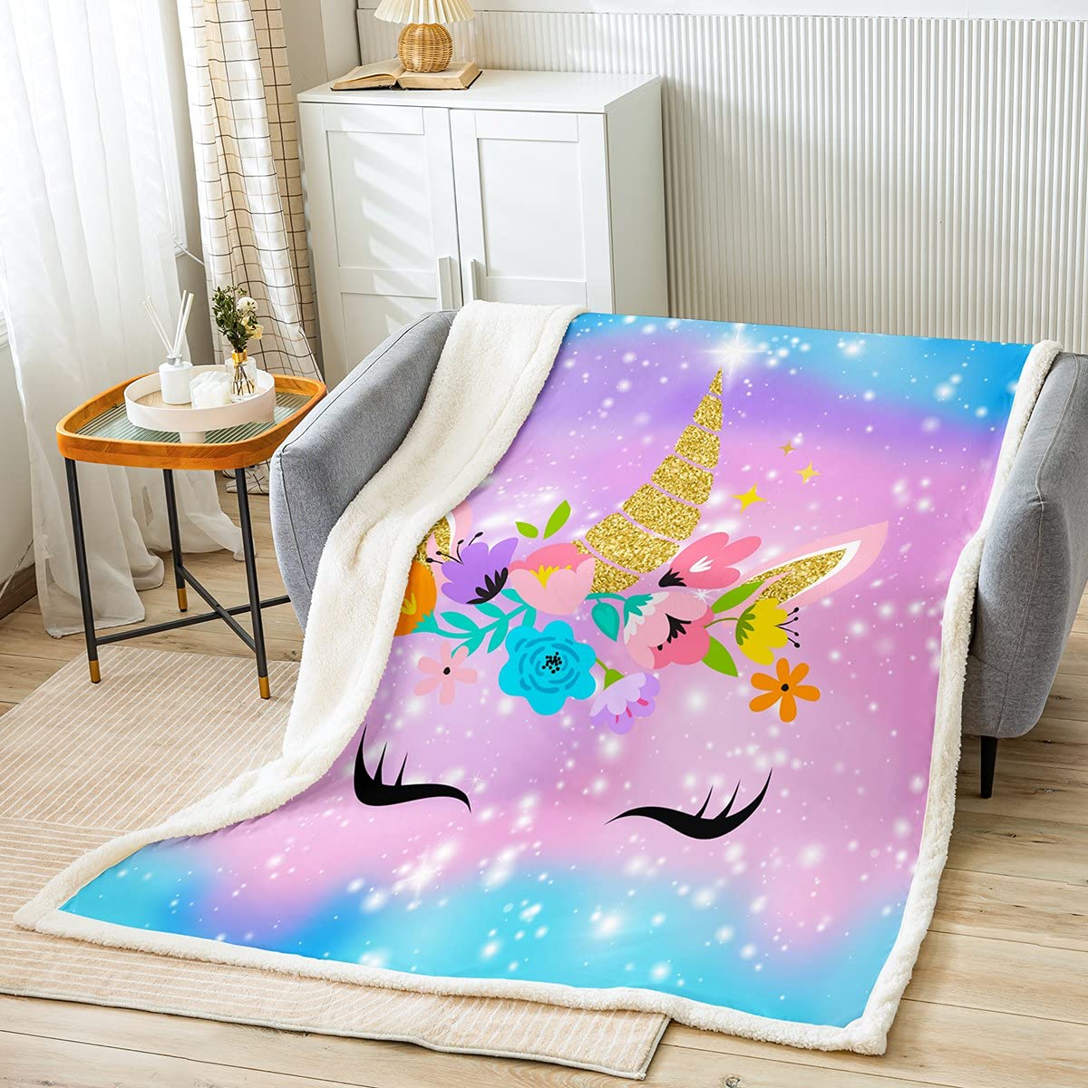 Magic Unicorn Fleece Blanket - Lightweight Soft Cozy Rainbow Glitter Throw for Girls | Kawaii Cartoon Floral Design | All-Season Use for Bedroom, Sofa & Travel (60x80 Inches Twin Size)