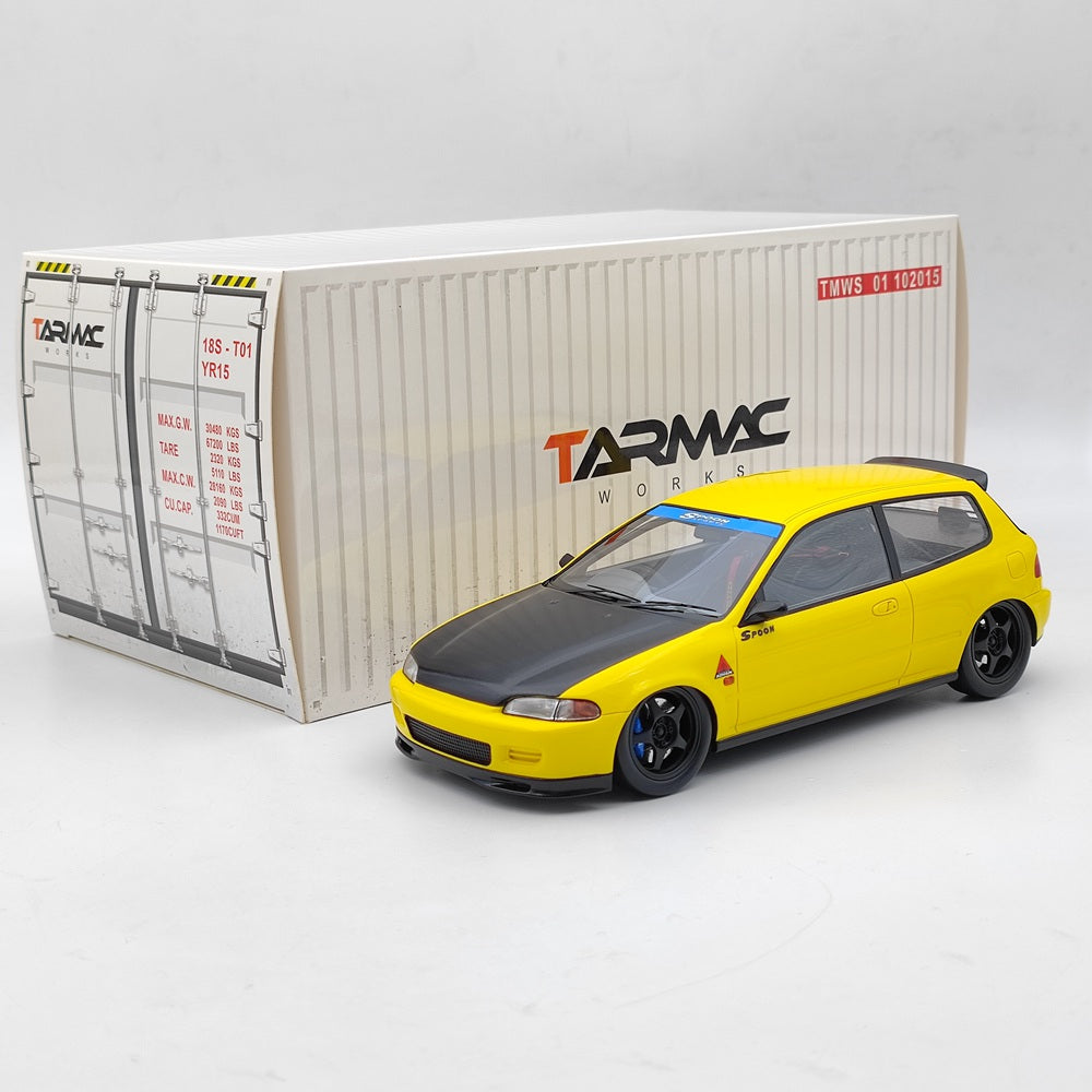 Tarmac Works 1/18 Scale Honda Civic EG6 Spoon Yellow Resin Diecast Model Car - Collector's Edition, Perfect Gift for Car Enthusiasts - Display for Home, Office, or Car Showcase
