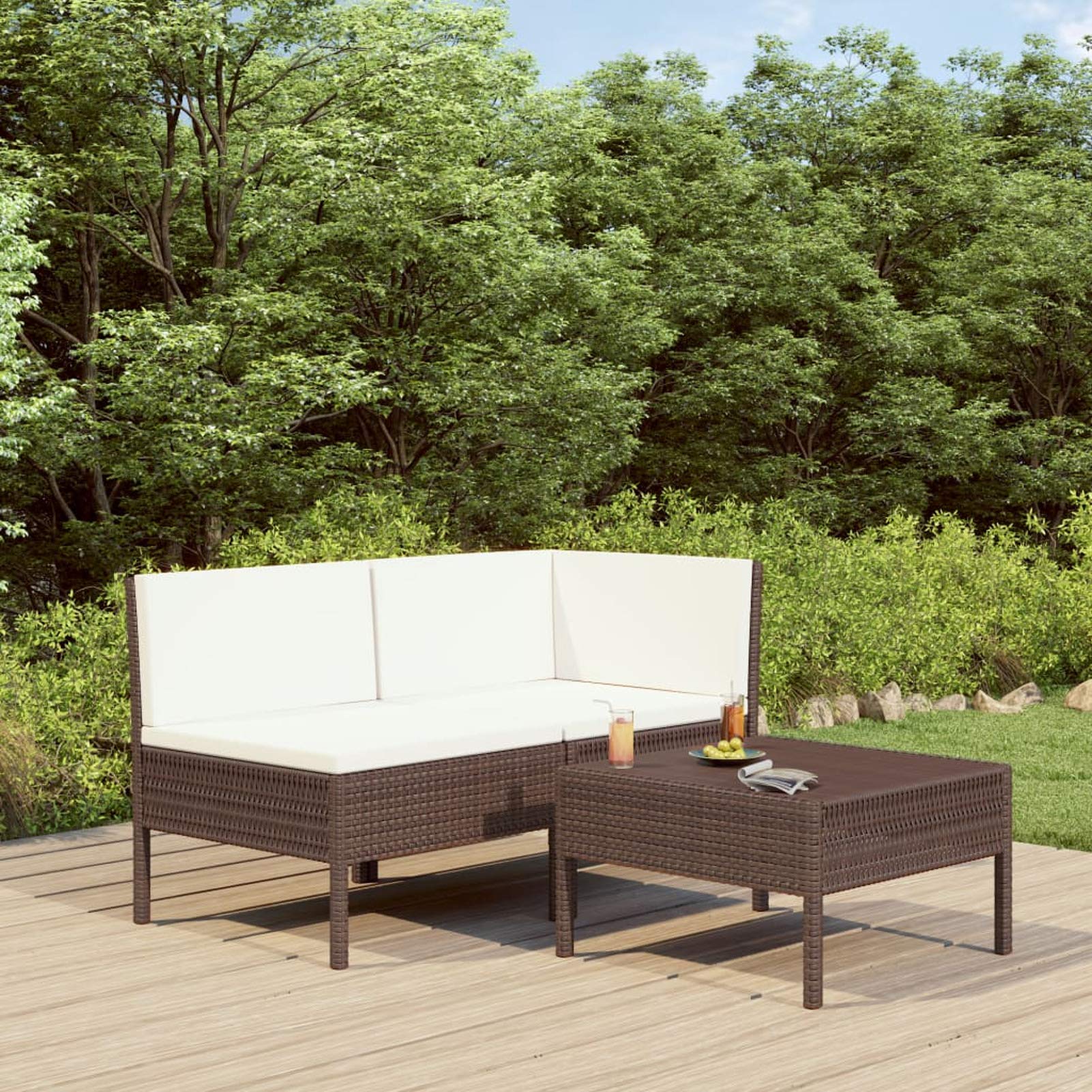 3-Piece Brown Poly Rattan Outdoor Garden Lounge Set with Cushions - Chaise Lounge, Poolside Chairs & Patio Furniture for Backyard, Deck or Pool Area Relaxation