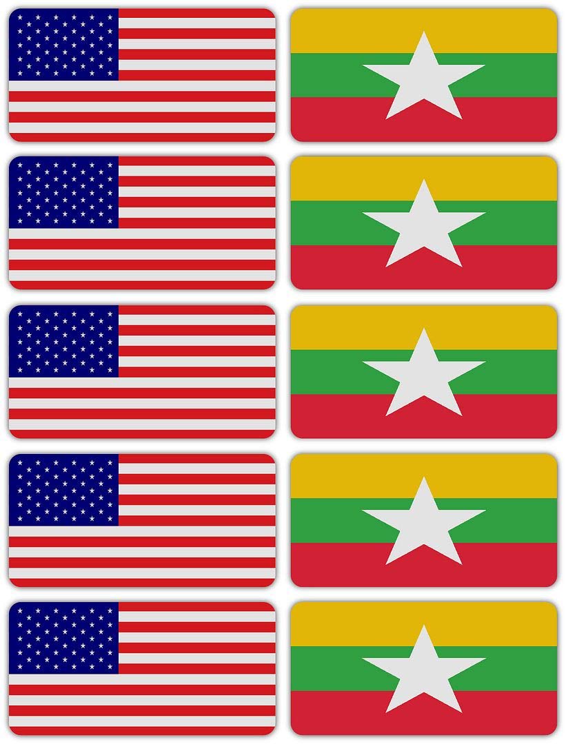 10-Pack 3M Reflective Myanmar & USA Flag Stickers - High Visibility Safety Decals for Hard Hats, Laptops, Bikes, Toolboxes - Perfect for Night Safety, Work Gear Identification & Patriotic Decor