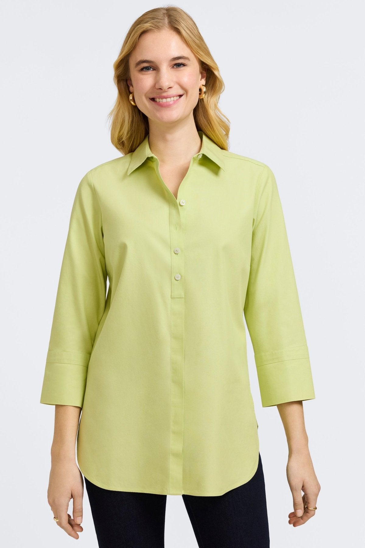 Madison No Iron Pinpoint 3/4 Sleeve Tunic Shirt for Women - Wrinkle-Free Office Wear & Casual Outfits - Perfect for Work, Travel and Everyday Comfort