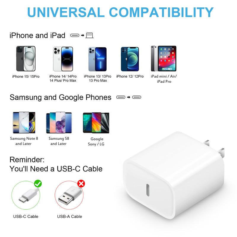 [2 Pack] 20W USB C Fast Charger for iPhone 15/15 Pro/15 Pro Max & iPad Pro/Air/Mini - Includes 6ft USB-C to C Cable | Quick Charging for Home, Office & Travel
