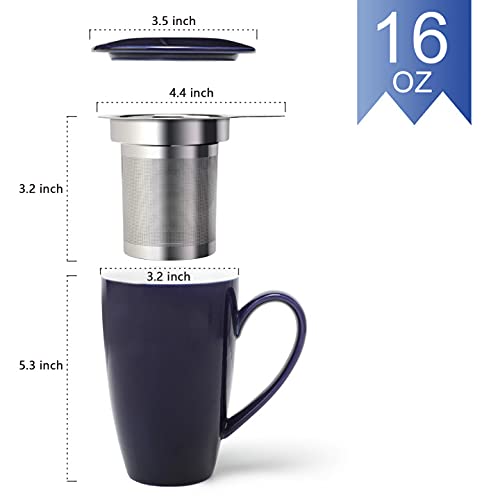 amhomel 16oz Porcelain Tea Mug with Infuser & Lid - Ceramic Tea Cup for Loose Leaf Tea, Coffee, Cocoa & Milk - Perfect Tea Gift Set for Tea Lovers (2-Pack, Navy Blue & White) - Ideal for Home, Office & Gifting