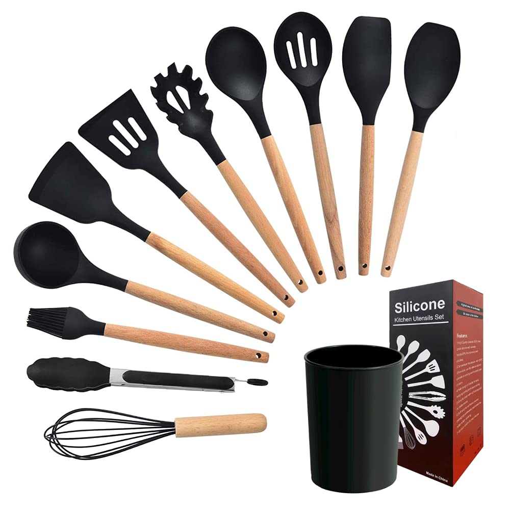 12-Piece Premium Silicone Kitchen Utensil Set with Wooden Handles - Heat Resistant, BPA-Free Cooking Tools with Holder - Perfect for Baking, Frying & Everyday Cooking (Black)