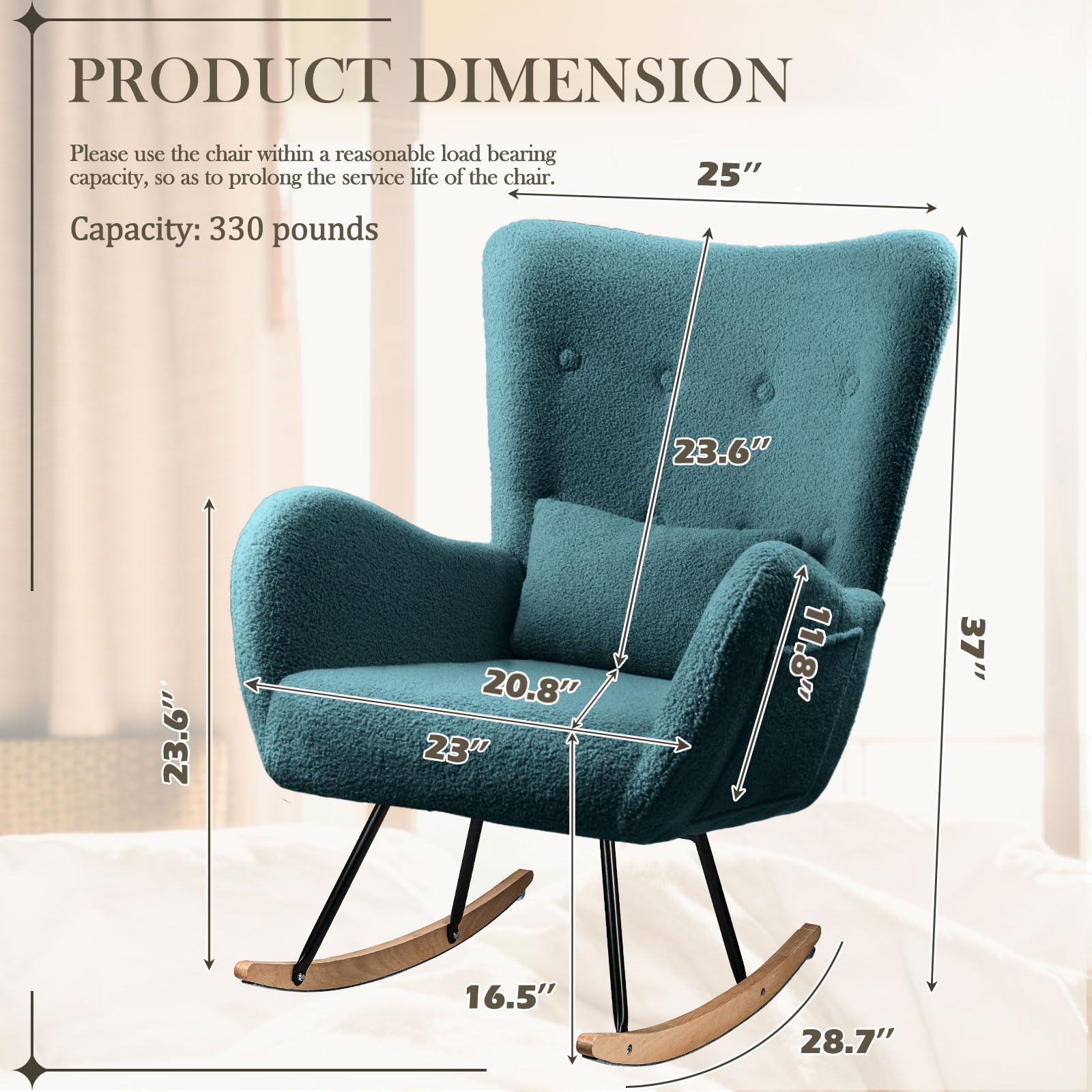 Waleaf Upholstered Rocking Chair with High Backrest & Headrest - Soft Padded Nursery Rocker, Comfy Nursing Chair for Bedroom, Living Room & Nursery - Perfect for Breastfeeding, Relaxing & Reading
