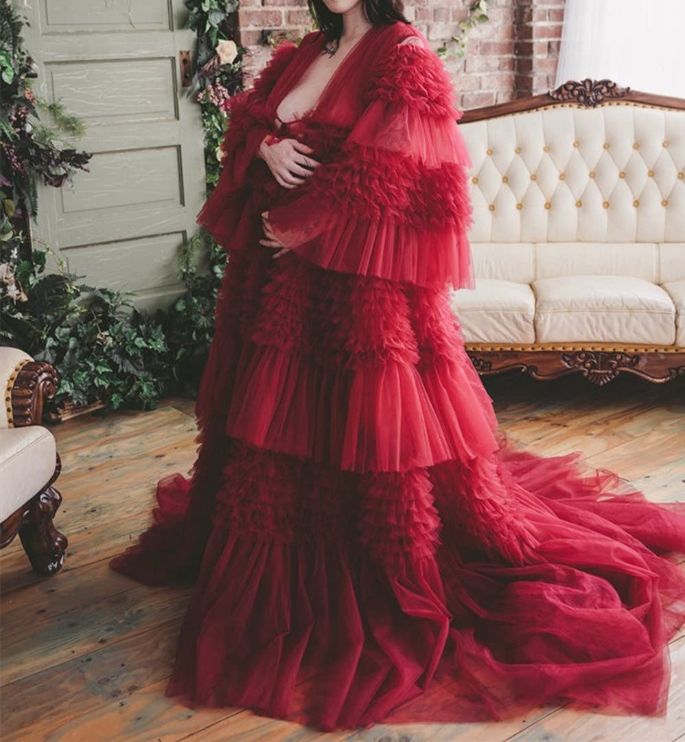 **Elegant Maternity Bathrobe - Soft Puffy Tulle Long Gown with V-Neck for Women, Baby Shower & Bridal Party, Perfect for Pregnancy, Postpartum & Relaxing at Home**