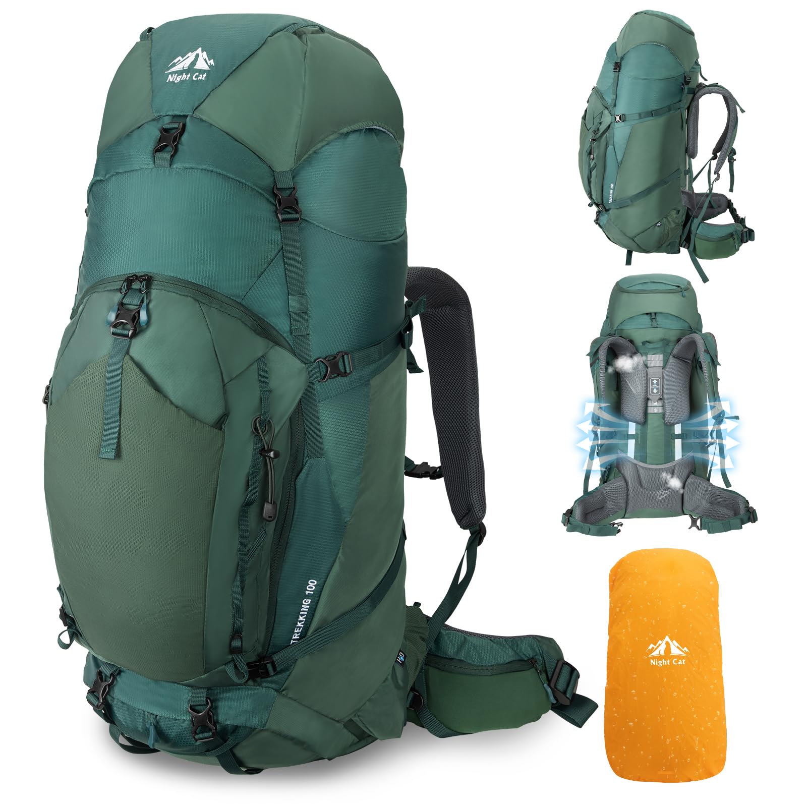 Night Cat 100L Internal Frame Hiking Backpack - Large Waterproof Camping Backpack for Men & Women with Rain Cover - Perfect for Outdoor Adventures, Traveling, and Backpacking Trips