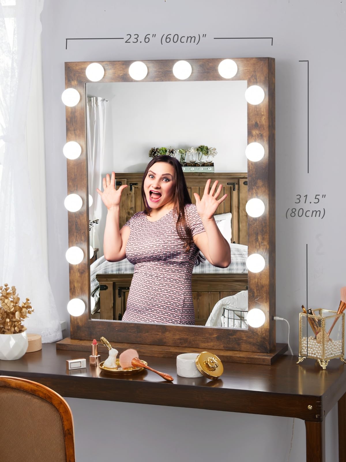LUXFURNI 24x32 Inch Hollywood Vanity Mirror with 14 Dimmable LED Lights - Rustic Brown Makeup Mirror for Dressing Table, Wall Mount or Desktop - Perfect for Home Beauty Salon, Bridal Dressing Room & Bedroom Decor