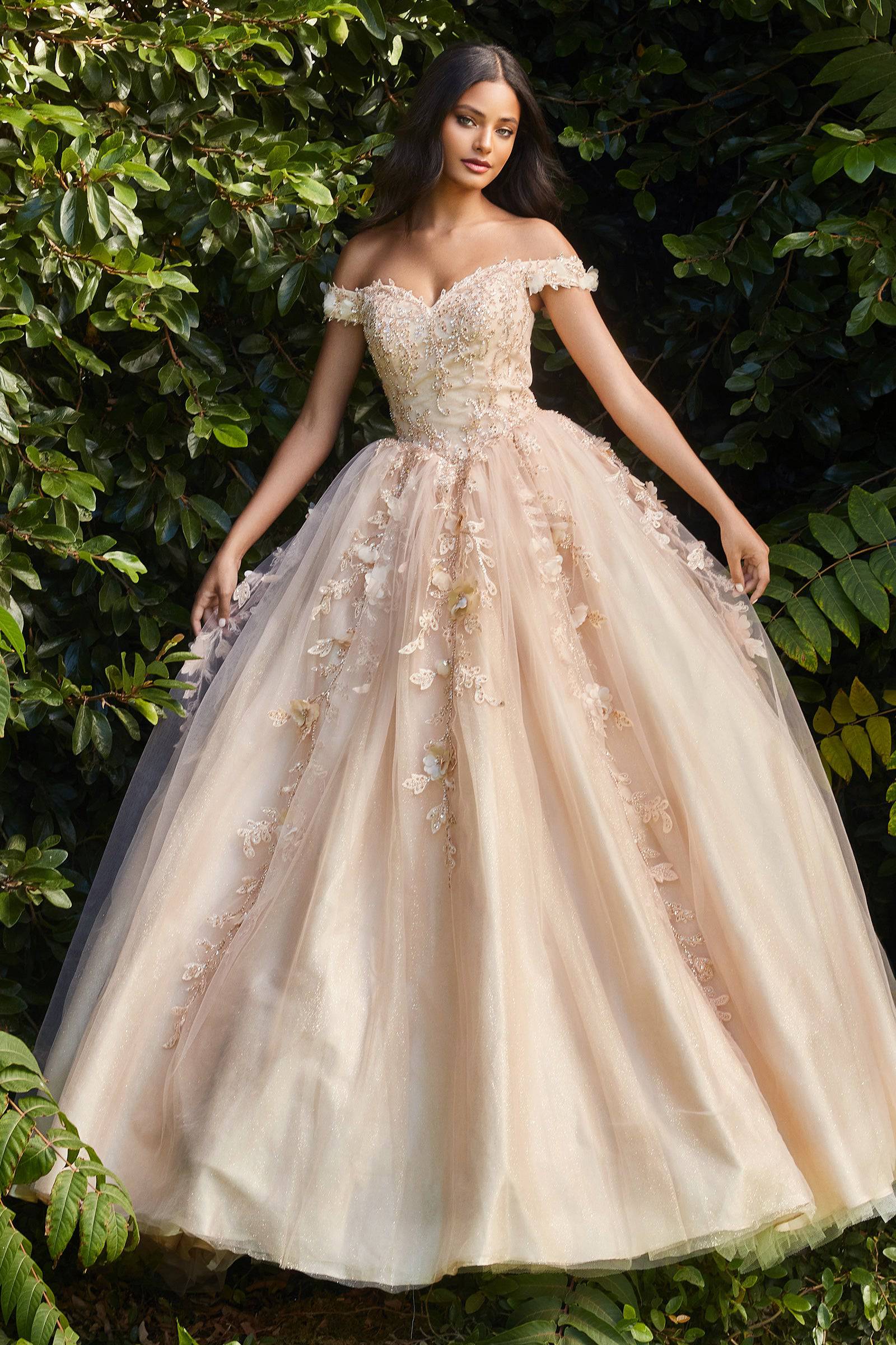 Cinderella Divine CD0185 Off Shoulder Lace Embroidered Ball Gown - Elegant Prom Dress for Women, Perfect for Weddings, Quinceañeras & Formal Events