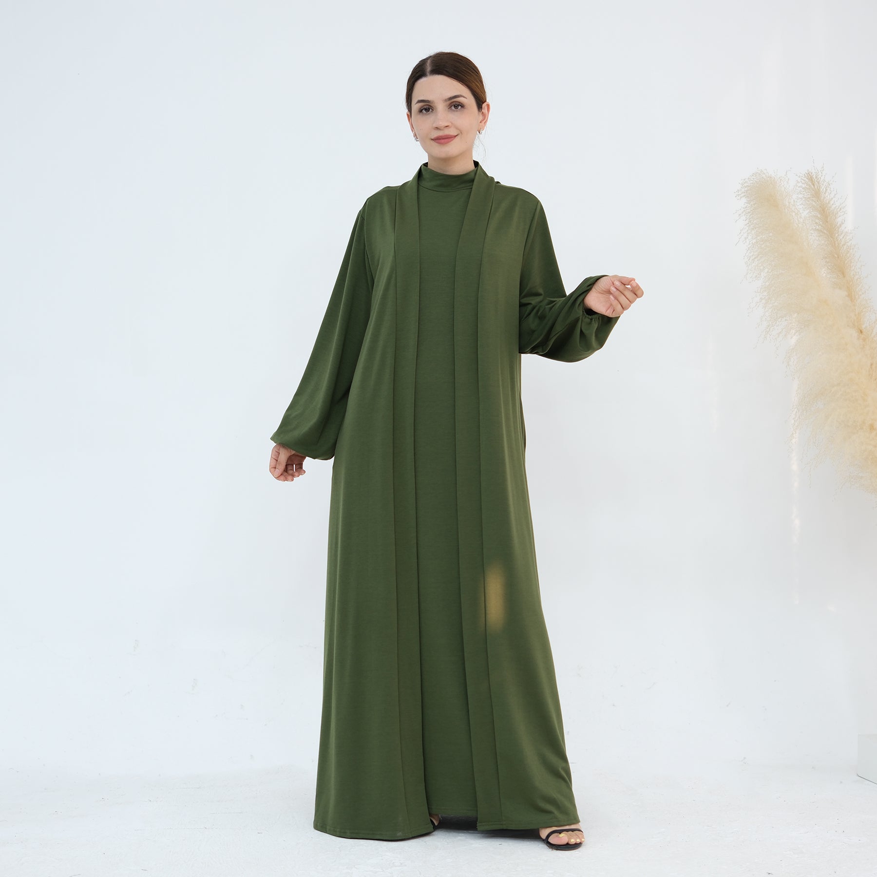 Jojo 3-Piece Modal Abaya Set - Soft Olive Green Muslim Prayer Dress for Women | Comfortable & Breathable Islamic Clothing for Prayer, Mosque & Special Occasions