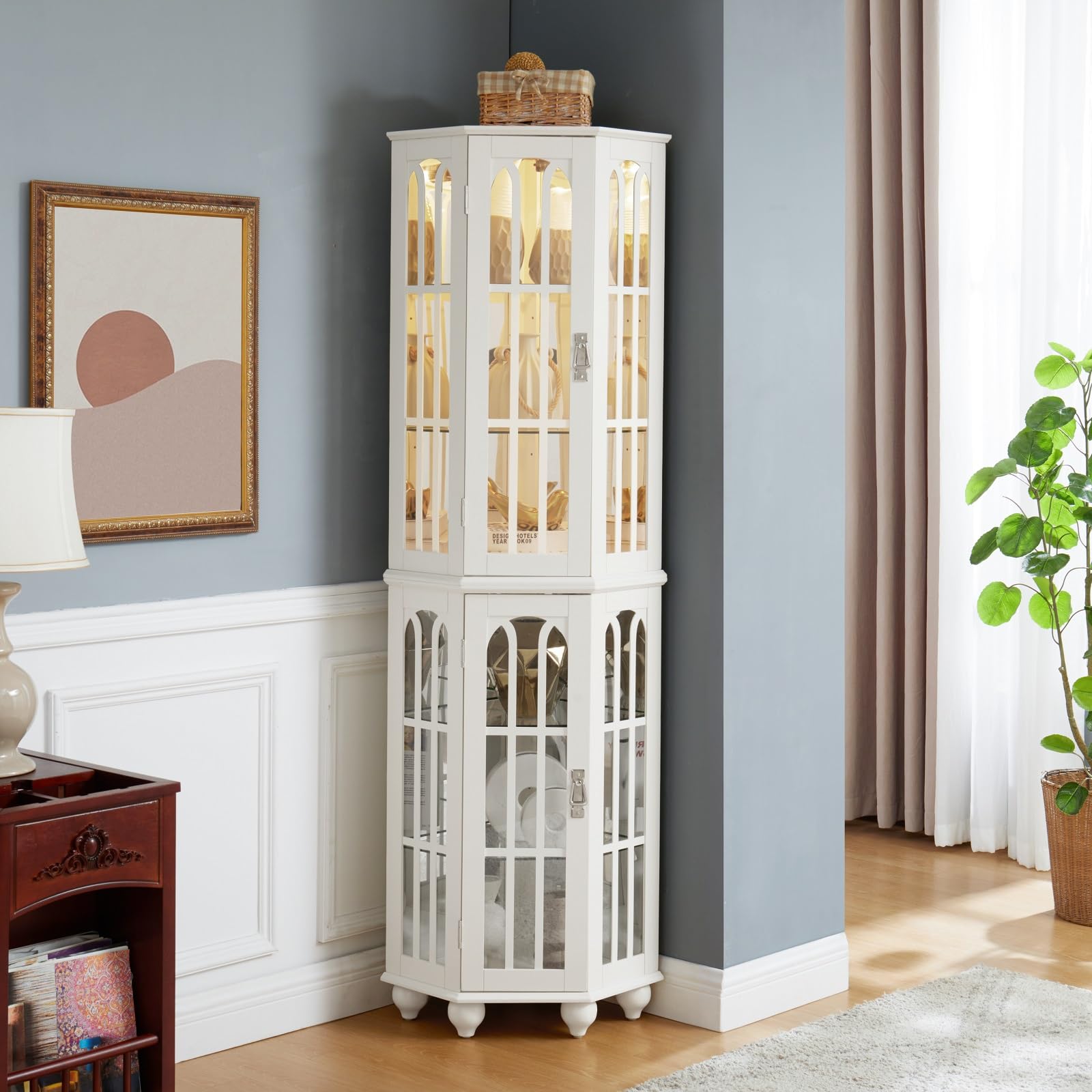 White Corner Curio Cabinet with 4 Adjustable Tempered Glass Shelves & LED Lighting - 3-Side Glass Display Cabinet with Acrylic Mirrored Back Panel - Perfect for Living Room, Dining Room, or Office Décor