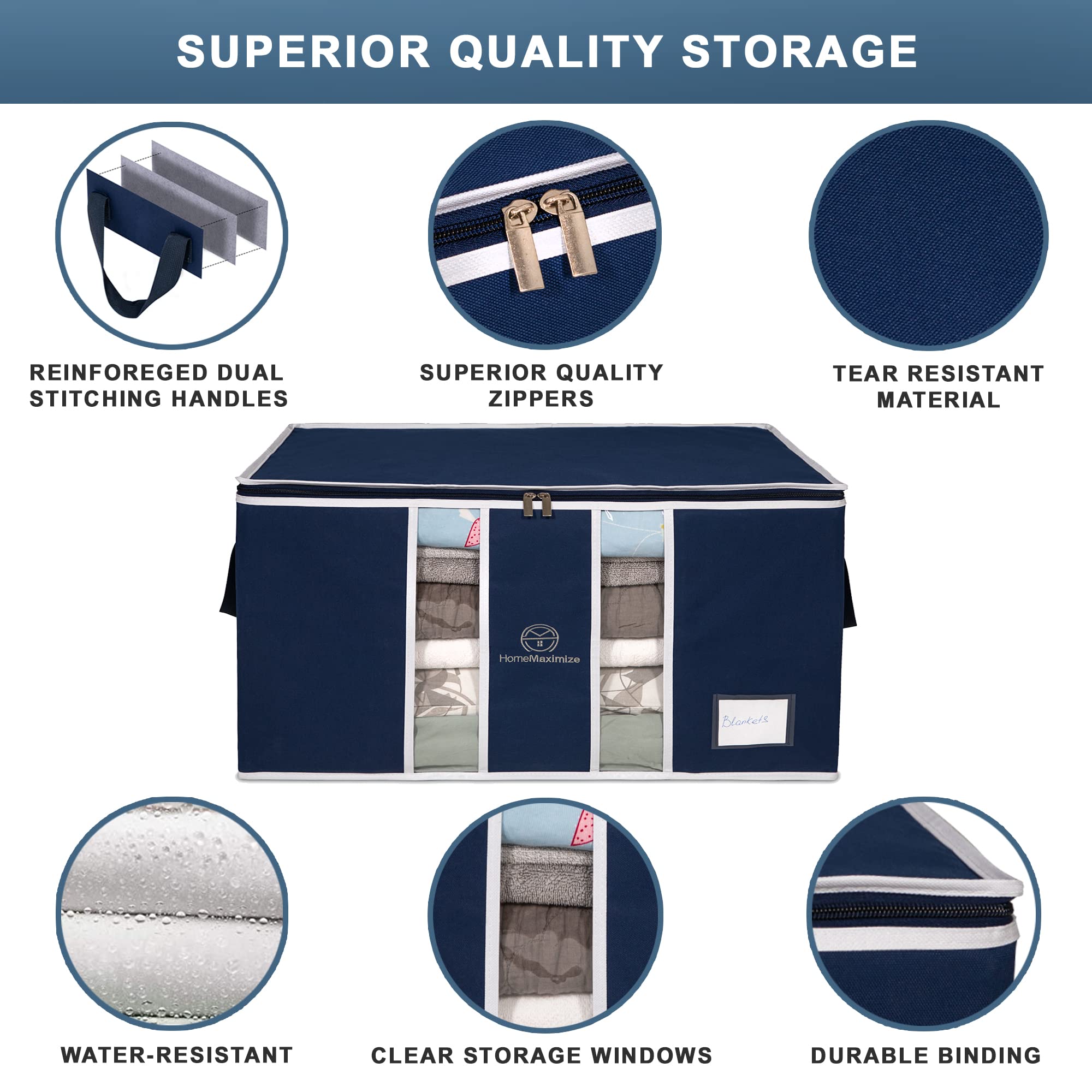 Vacuum Storage Bags for Clothes, Blankets, Comforters & Bedding - Space Saving Organizer with Clear Window & Zipper Closure - Stackable 3 Pack Blue - Perfect for Seasonal Storage & Travel Packing