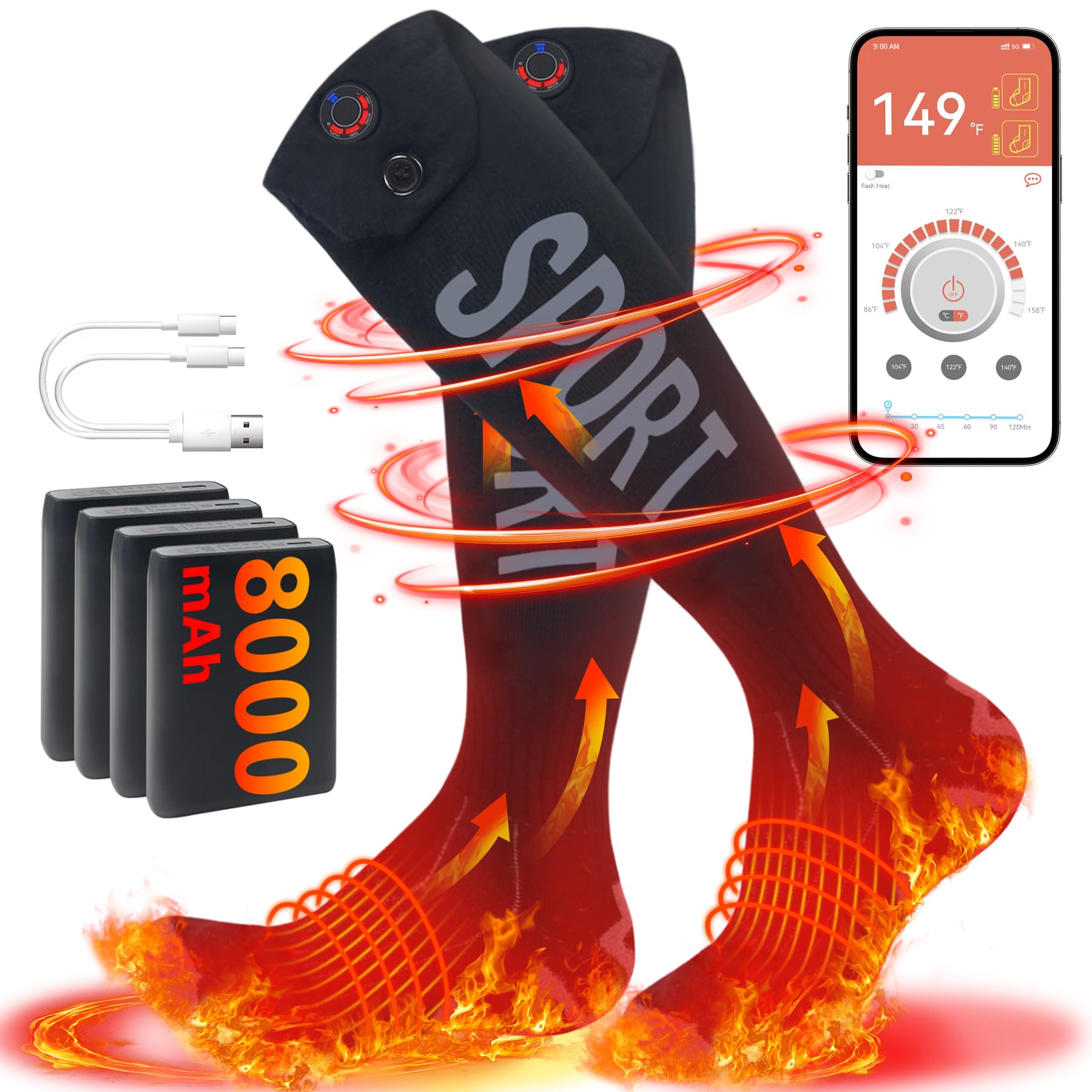 8000mAh Rechargeable Heated Socks for Men & Women - App Controlled Electric Warming Socks, Washable Thermal Socks for Winter - Perfect for Hunting, Motorcycle Riding, Skiing & Outdoor Activities (Battery Included)
