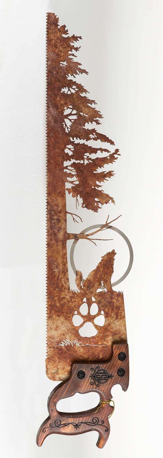 Custom Wolf Howling at the Moon Wall Art with Paw Print & Hand Saw Design - Unique Home Decor Gift for Wolf Lovers | Perfect for Living Room, Bedroom or Cabin Decor