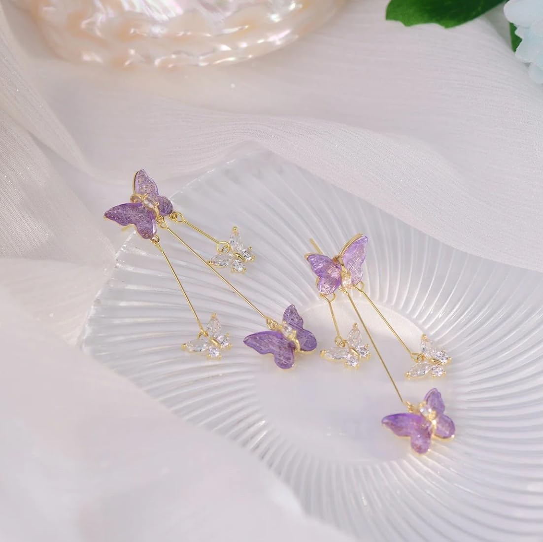 Elegant Purple Crystal Butterfly Dangle Earrings for Women - Trendy Tassel Jewelry Gift for Concerts, Parties & Evening Dresses