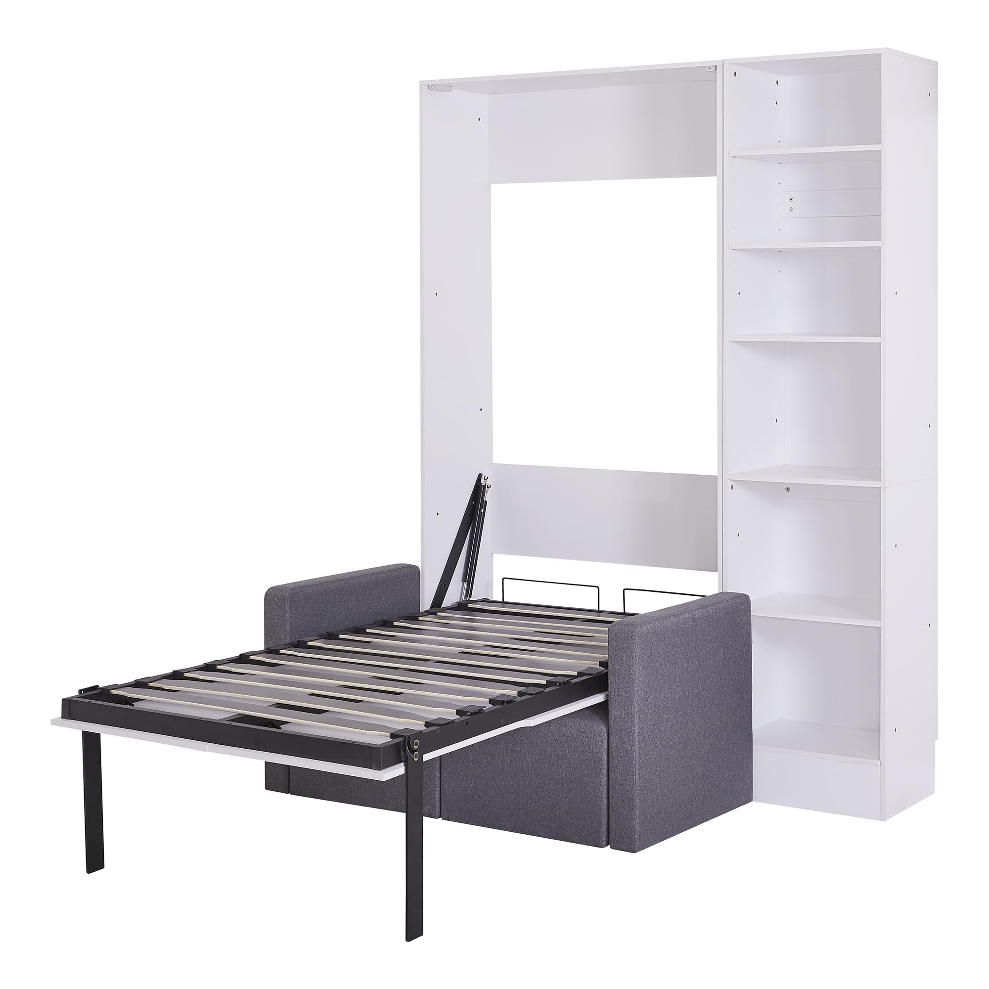 LZ LEISURE ZONE Twin Size Murphy Bed with Built-in Shelves & Sofa - Space Saving Wall Bed for Small Rooms, Home Office or Studio Apartment - White & Gray Modern Design - Perfect for Guest Rooms, Dormitories & Tiny Homes