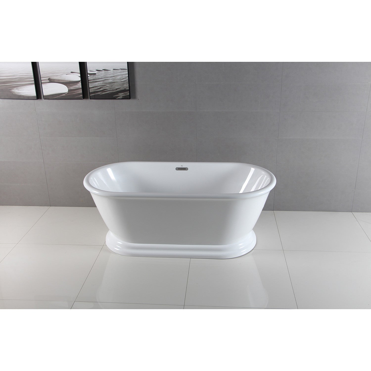 Aqua Eden VTDE602824 60 Inch Glossy White Acrylic Oval Double-Ended Pedestal Bathtub with Drain (No Faucet Holes) - Perfect for Modern Bathroom & Spa Relaxation at Home