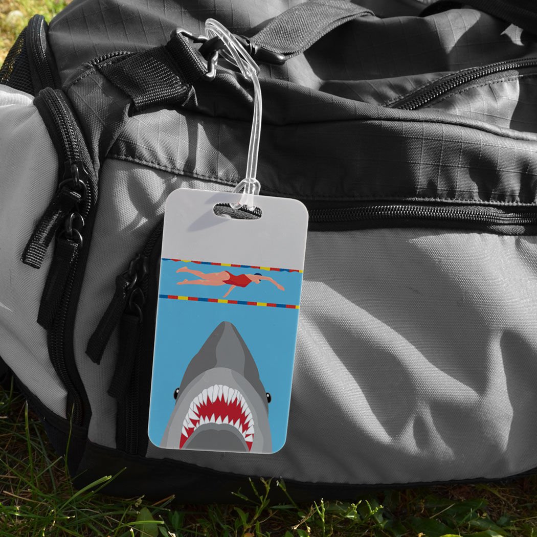 Custom Swimming Luggage Tag for Girls - Shark Attack Design with Personal Info on Back - Large Waterproof Travel Bag Tag for Swim Meets, Beach Trips & Pool Vacations