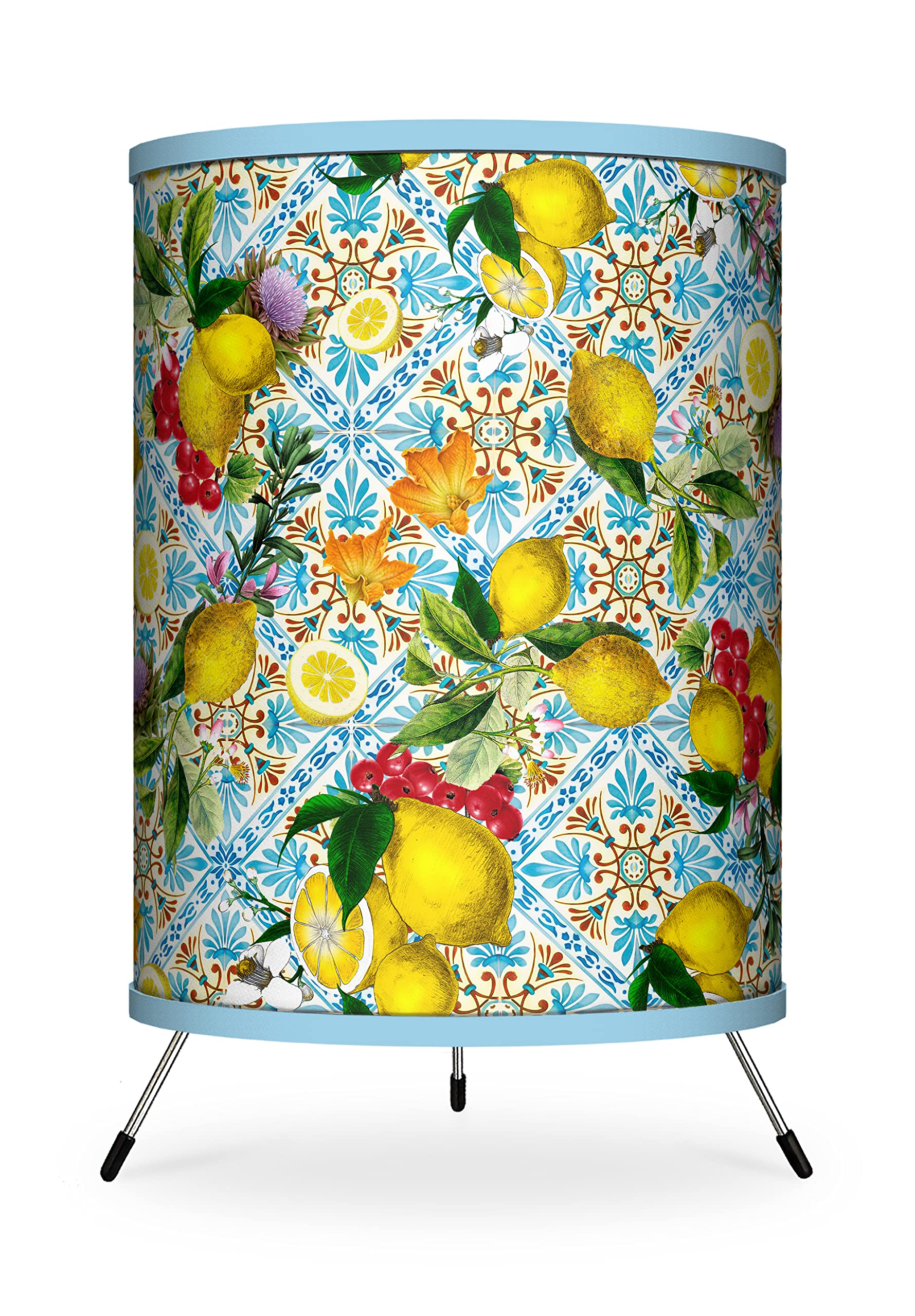 Sicilian Fruit Tile Tripod Table Lamp with Italian Antique Printed Lemon Shade - Handcrafted Mediterranean Home Decor for Living Room, Bedroom & Office Lighting