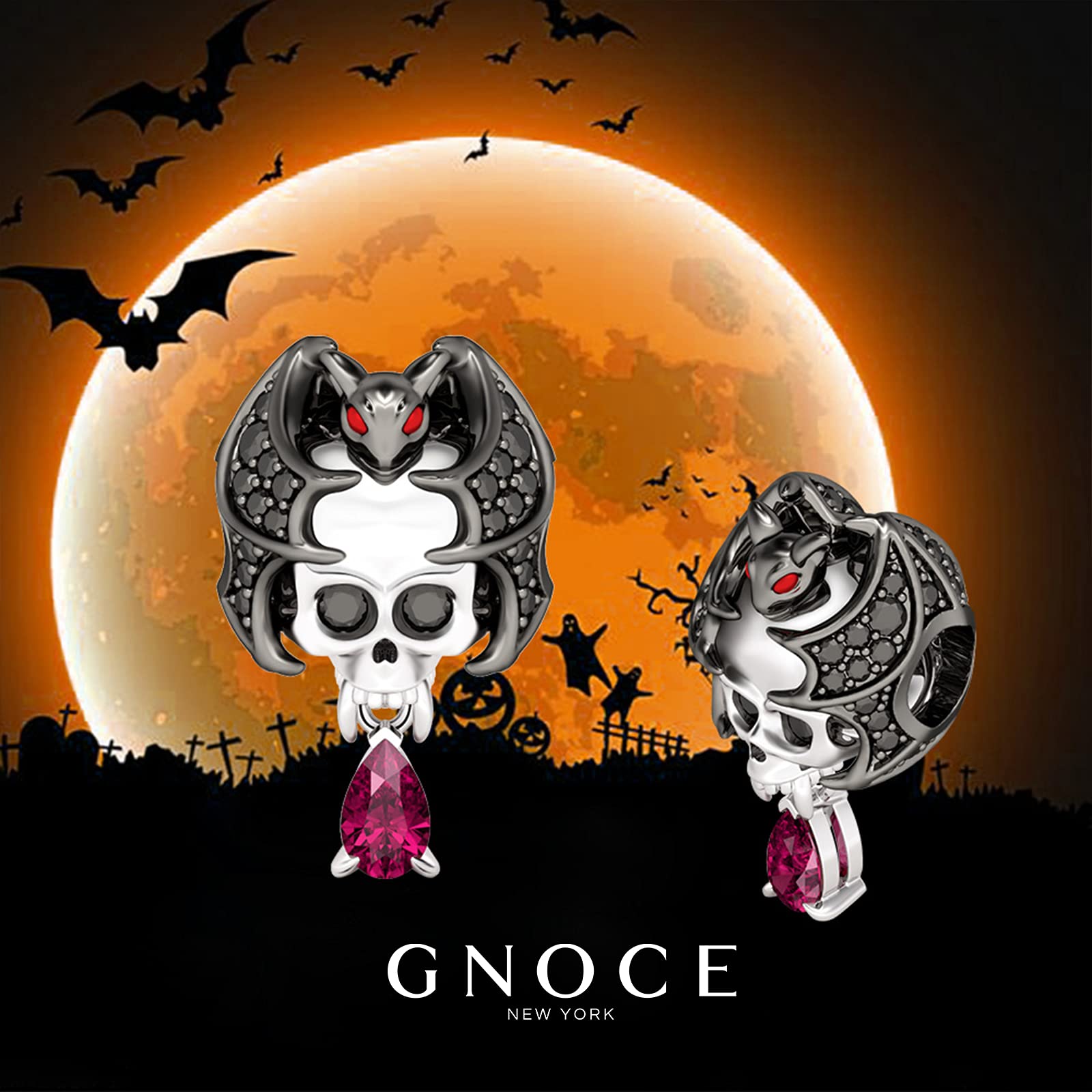 GNOCE Skull Charms - Glowing Bat Skull Pendant with Black Cubic Zirconia & 925 Sterling Silver - Handmade Gothic Jewelry for Bracelets & Necklaces - Perfect for Halloween, Gothic Fashion, and Alternative Style Accessories