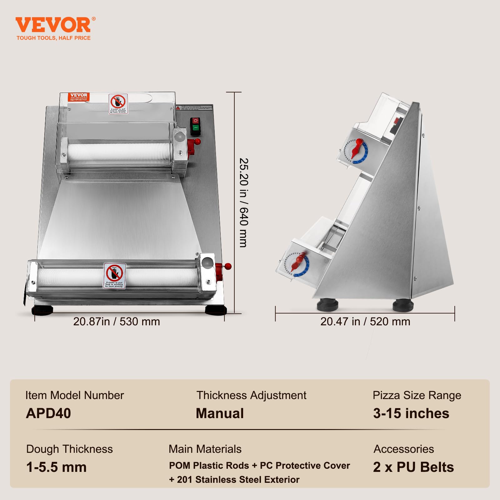 VEVOR Commercial Electric Pizza Dough Roller Sheeter Machine - 390W Stainless Steel Automatic Dough Press (3-15 Inch Adjustable Thickness, 260 Pizzas/Hour) - Perfect for Pizzerias, Bakeries & Italian Restaurants