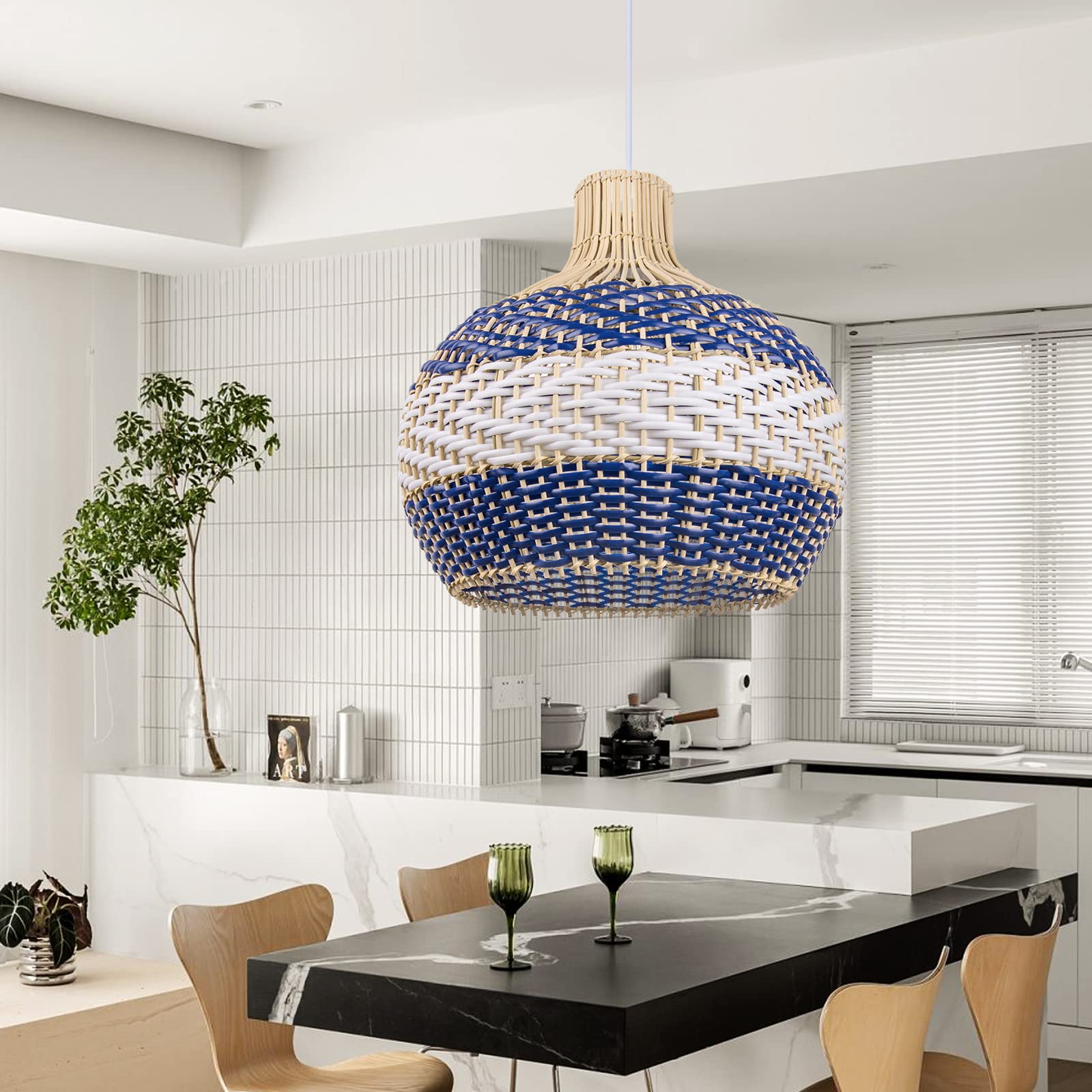 Arturesthome Natural Rattan Pendant Light - 1-Light Woven Chandelier with Domed Shade for Farmhouse Kitchen, Dining Room, Bedroom & Patio Lighting