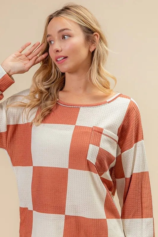 BiBi Checker Printed Hacci Top With Front Pocket - Stylish Women's Casual Knit Sweater for Fall & Winter | Perfect for Office, Date Night & Weekend Outings
