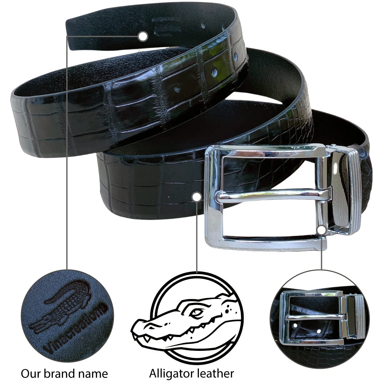 Premium Alligator Leather Belt for Men - Genuine Crocodile Skin with Automatic Ratchet Buckle - Handcrafted Luxury Accessory for Golf, Business & Formal Occasions