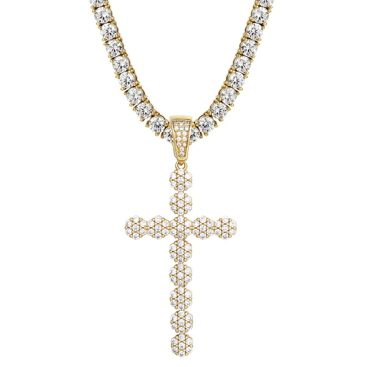 New Cluster Flower Prong Set Cross Silver Pendant Necklace - Elegant Religious Jewelry for Women, Perfect for Church, Weddings & Everyday Wear