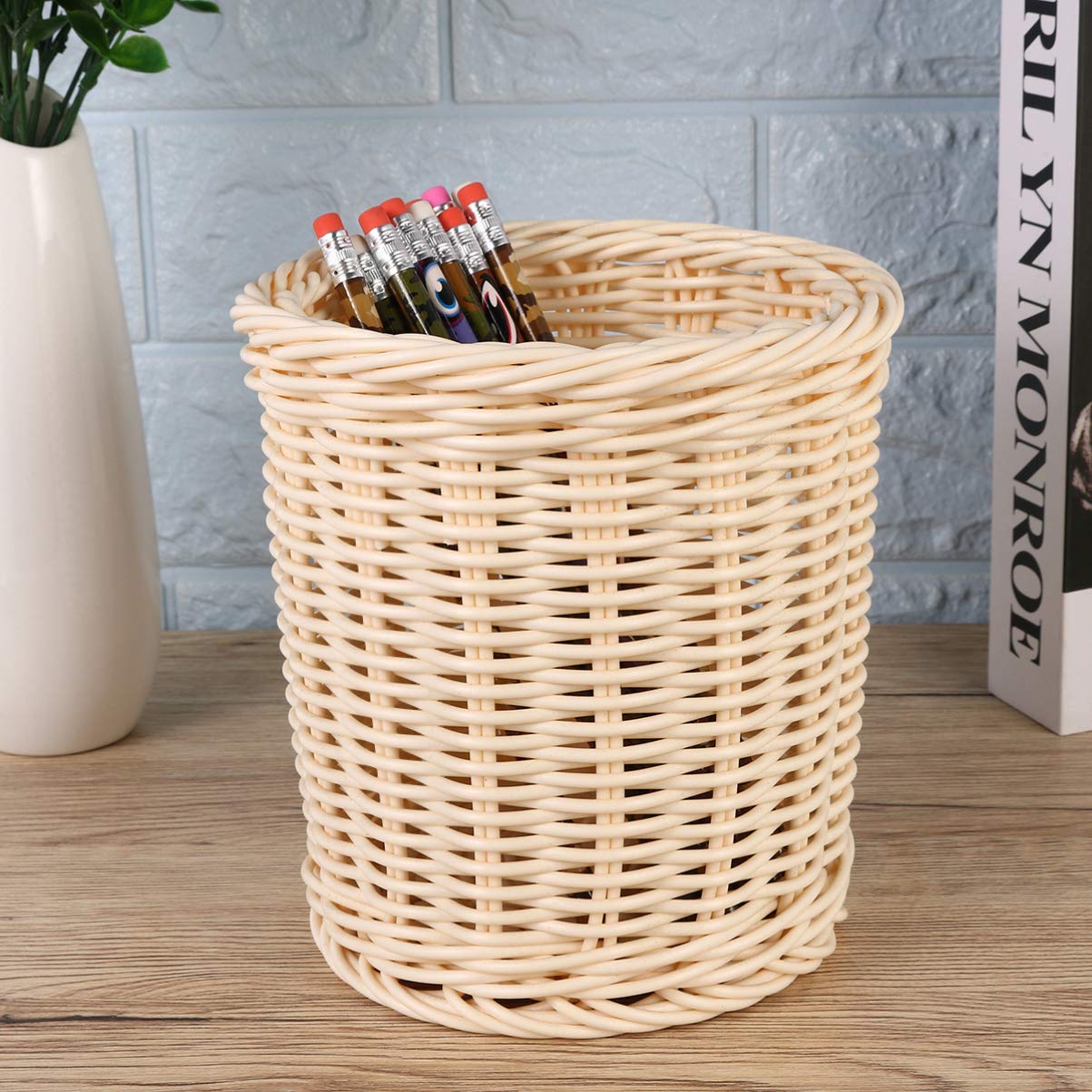 Zerodeko Woven Storage Basket - Pen Organizer, Flatware Holder, Desktop Plant Stand with Pot, Boho Wicker Hamper for Home Office Decor | Perfect for Organizing Stationery, Utensils, Small Plants & Trash in Living Room, Bedroom or Workspace