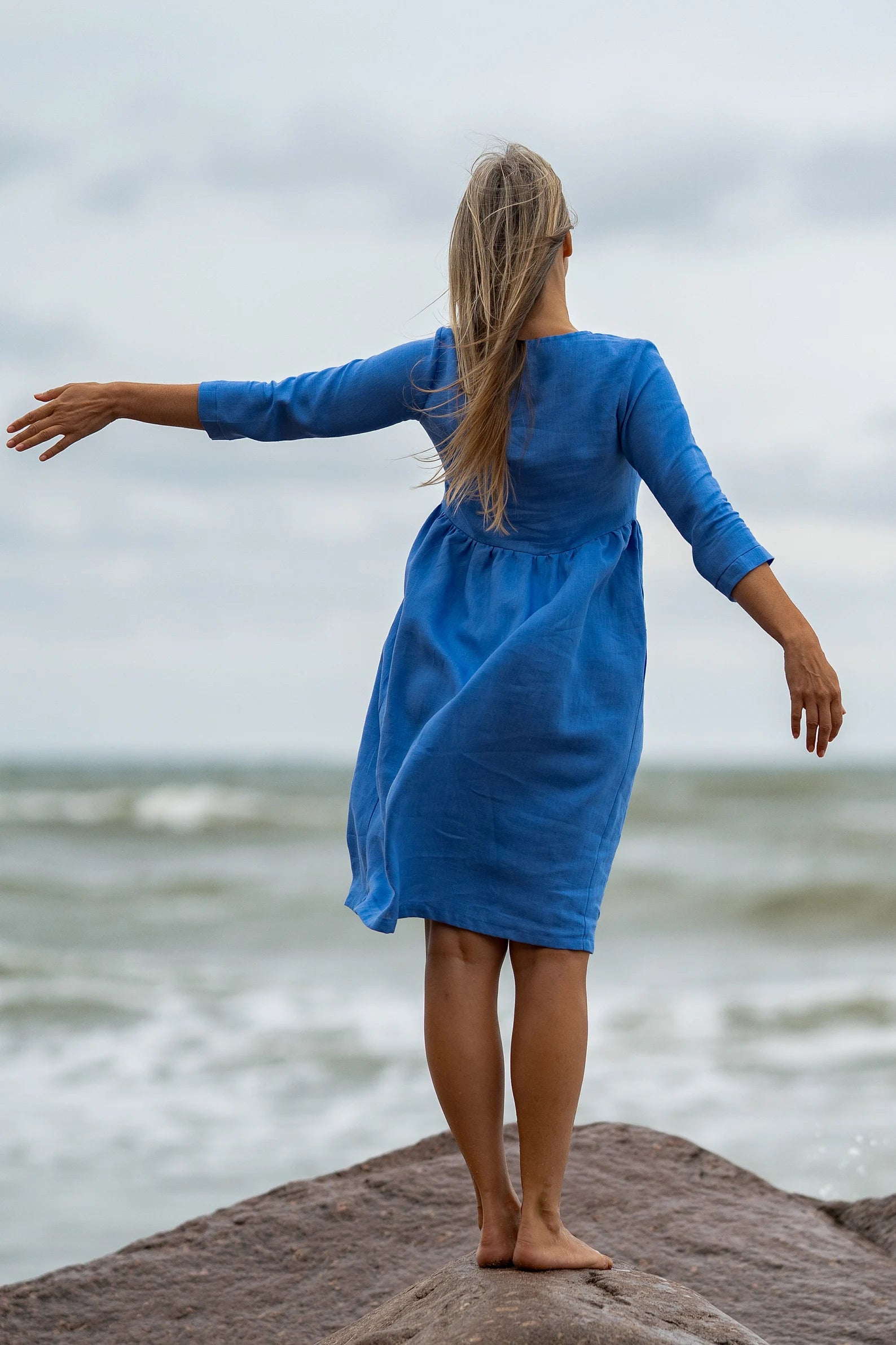 BARBARA Blue Linen Maternity Dress with 3/4 Sleeves - Comfortable Pregnancy Outfit for Casual Wear & Summer Maternity Photos