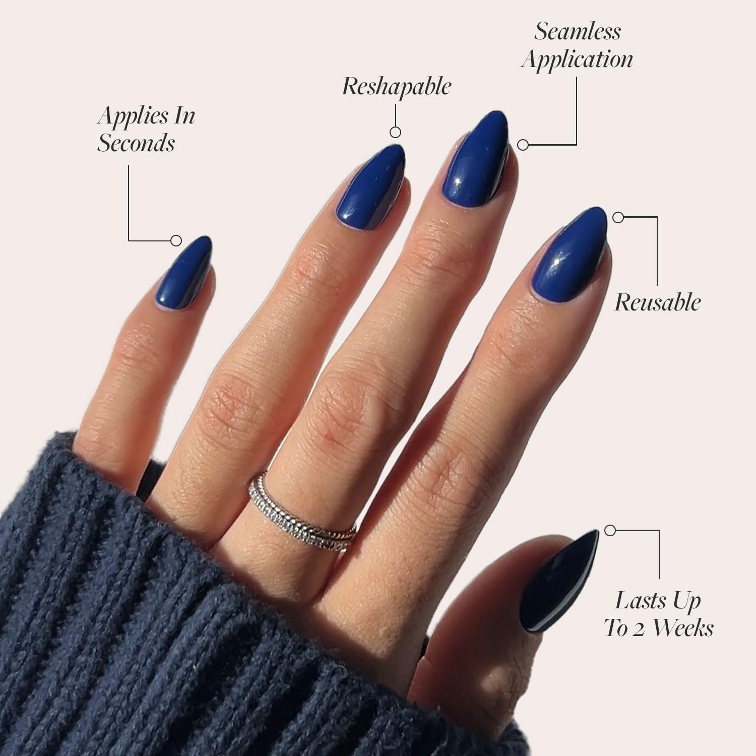 Glamnetic Press On Nails - Midnight Blue | Dark Navy Blue Short Almond Fake Nails, Reusable Stick On Nails with Glue | Salon Quality Manicure | 15 Sizes (30 Nails) | Perfect for Parties, Weddings & Everyday Wear