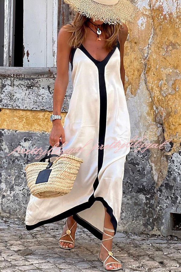 Horizon Satin Colorblock Strap Loose Maxi Dress for Women - Summer Beach Vacation, Boho Chic Outfit, Evening Party Wear