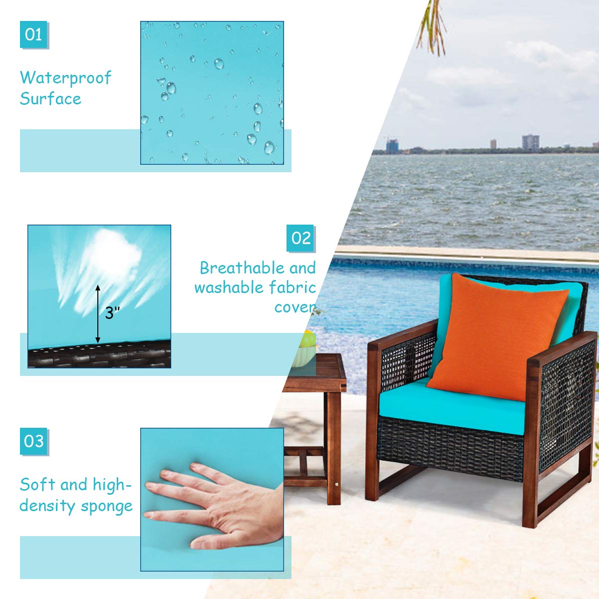 Tangkula 3-Piece Patio Furniture Set - All-Weather Wicker Sofa with Washable Cushions & Acacia Wood Coffee Table - Outdoor Conversation Set for Garden, Balcony, Backyard, Poolside (Turquoise) - Perfect for Relaxing, Entertaining & Enjoying Outdoor Living
