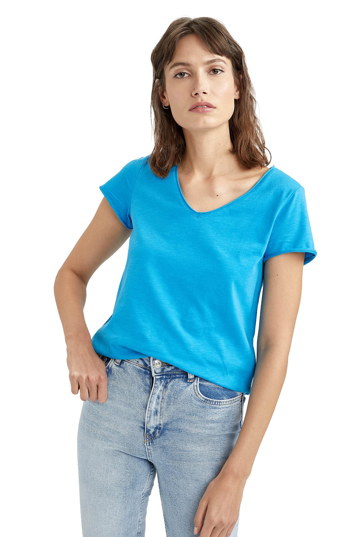 DeFacto Women's Basic Short Sleeve V-Neck T-Shirt - Soft Cotton Casual Tee for Everyday Wear | Perfect for Work, Weekend & Summer Outfits