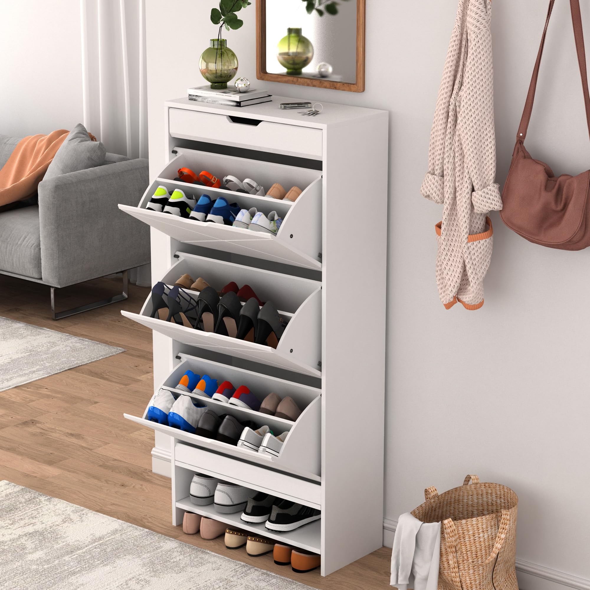 Wooden Hidden Shoe Cabinet with 3 Flip Drawers & Storage Drawer - Freestanding Shoe Organizer for Entryway, Hallway, Living Room - White & Walnut Finish - Perfect for Small Space Organization & Home Décor